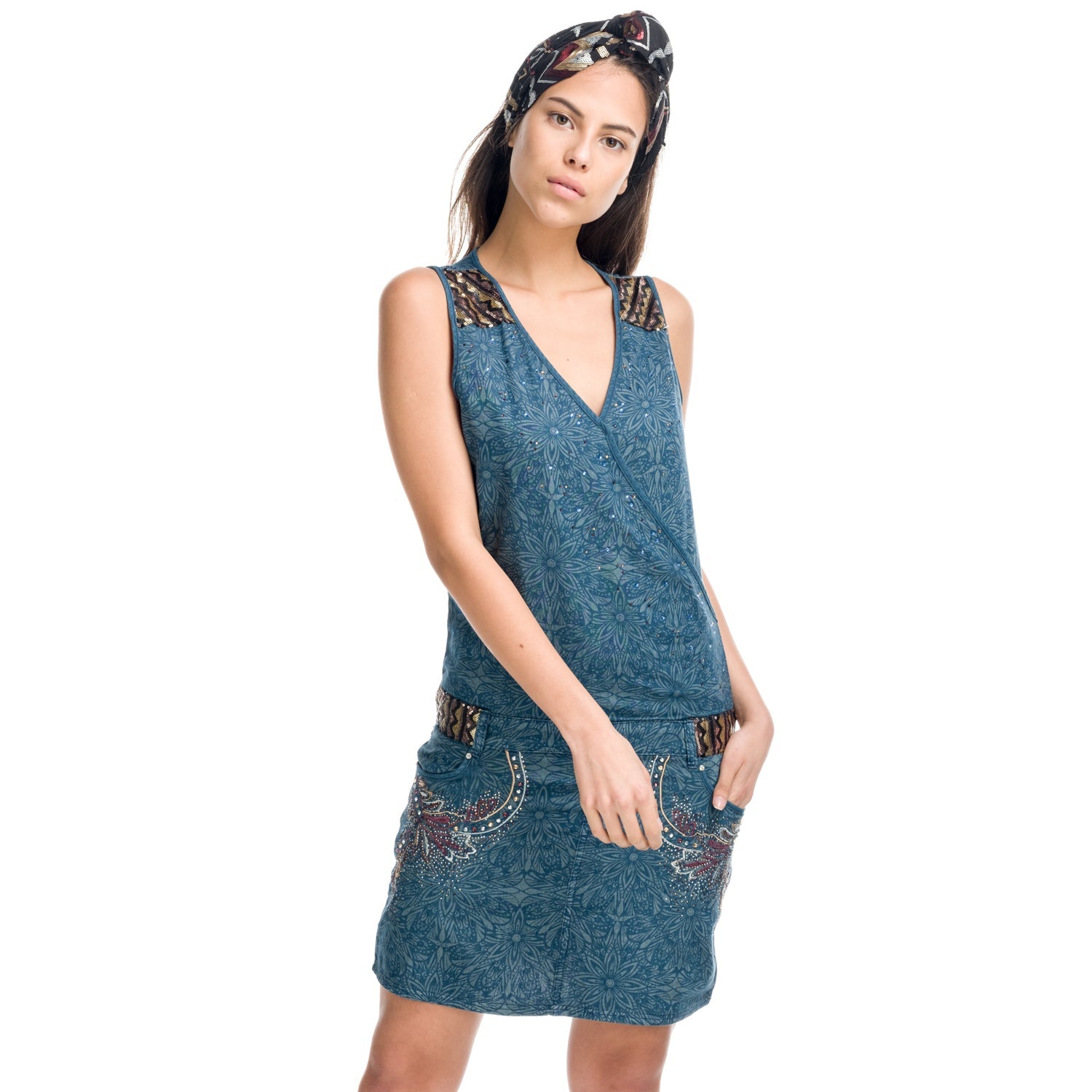 Vestido Mujer Denim Estampado Sin Mangas Corte Cadera – Koroshi Azul Medio