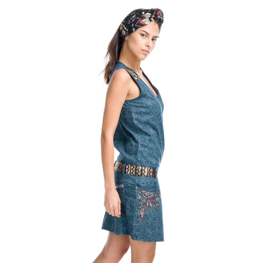 Vestido Mujer Denim Estampado Sin Mangas Corte Cadera – Koroshi Azul Medio