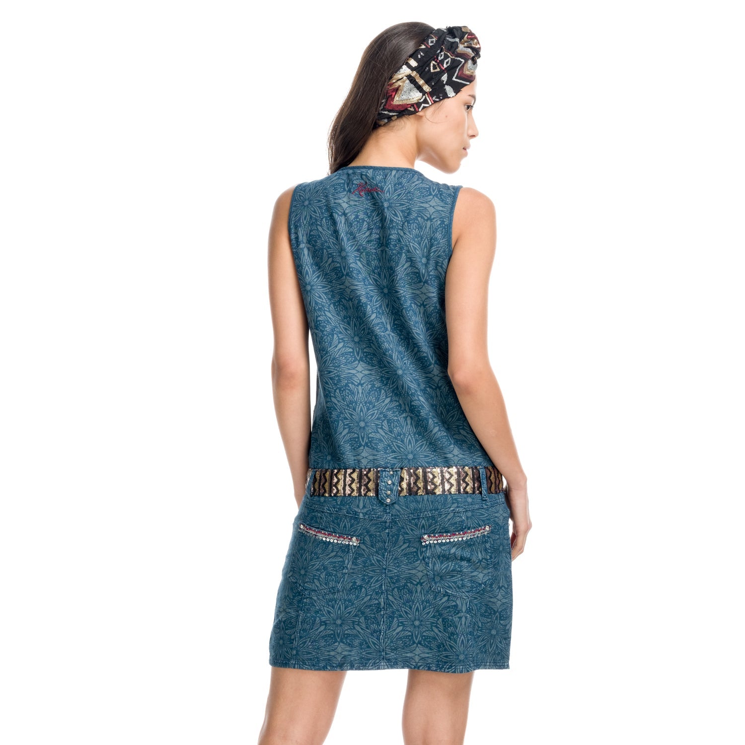 Vestido Mujer Denim Estampado Sin Mangas Corte Cadera – Koroshi Azul Medio