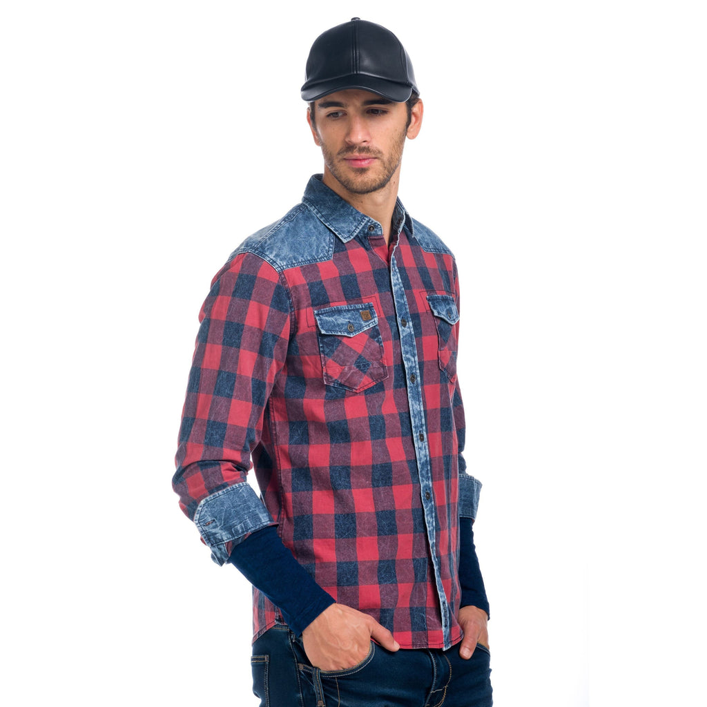 Camisa Hombre Manga Larga Cuadros Detalle Denim – Koroshi 1821CL53