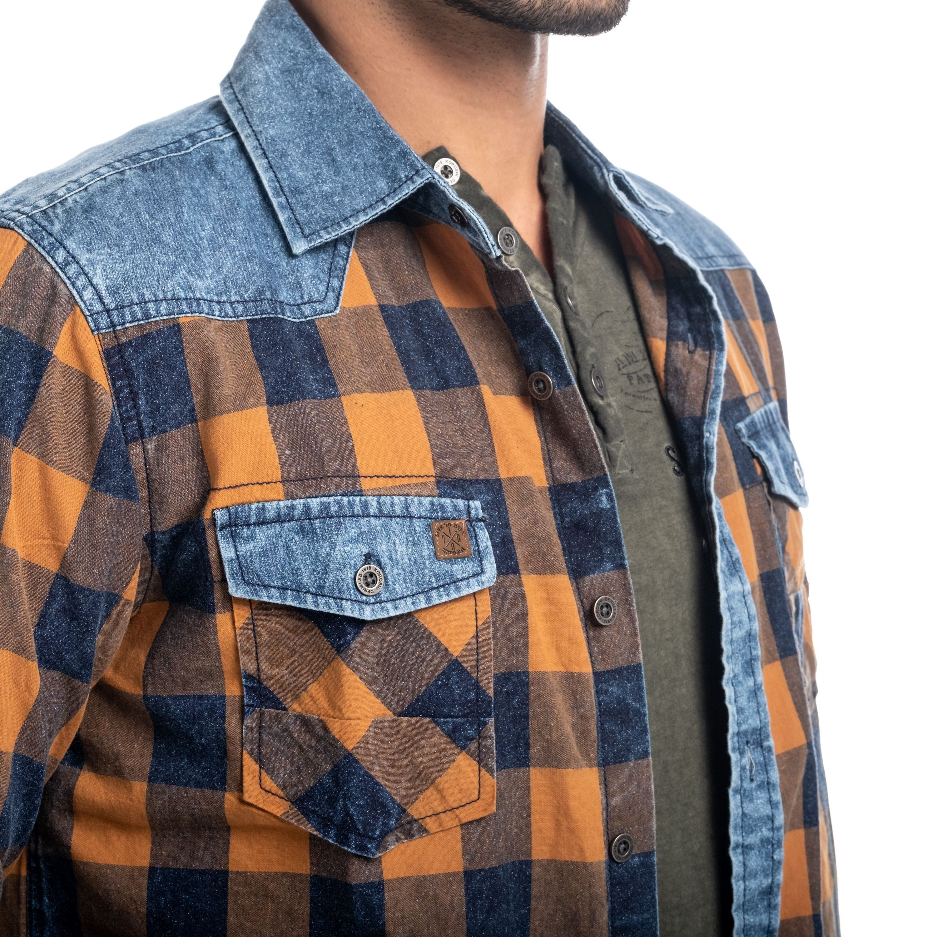 Camisa Hombre Manga Larga Cuadros Detalle Denim – Koroshi 1821CL53