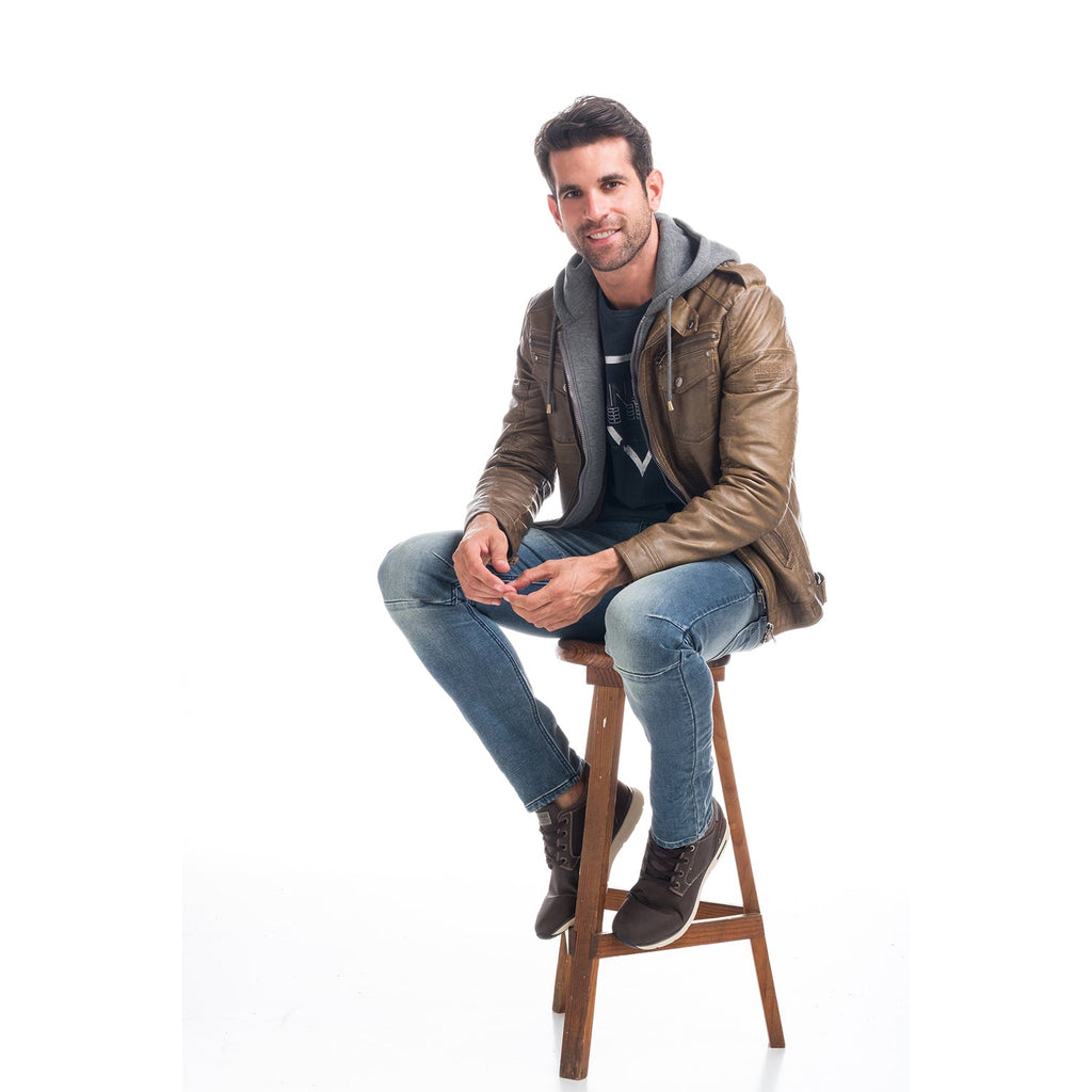 Chaqueta Efecto Piel Hombre con Capucha Desmontable – Koroshi 1821JA05
