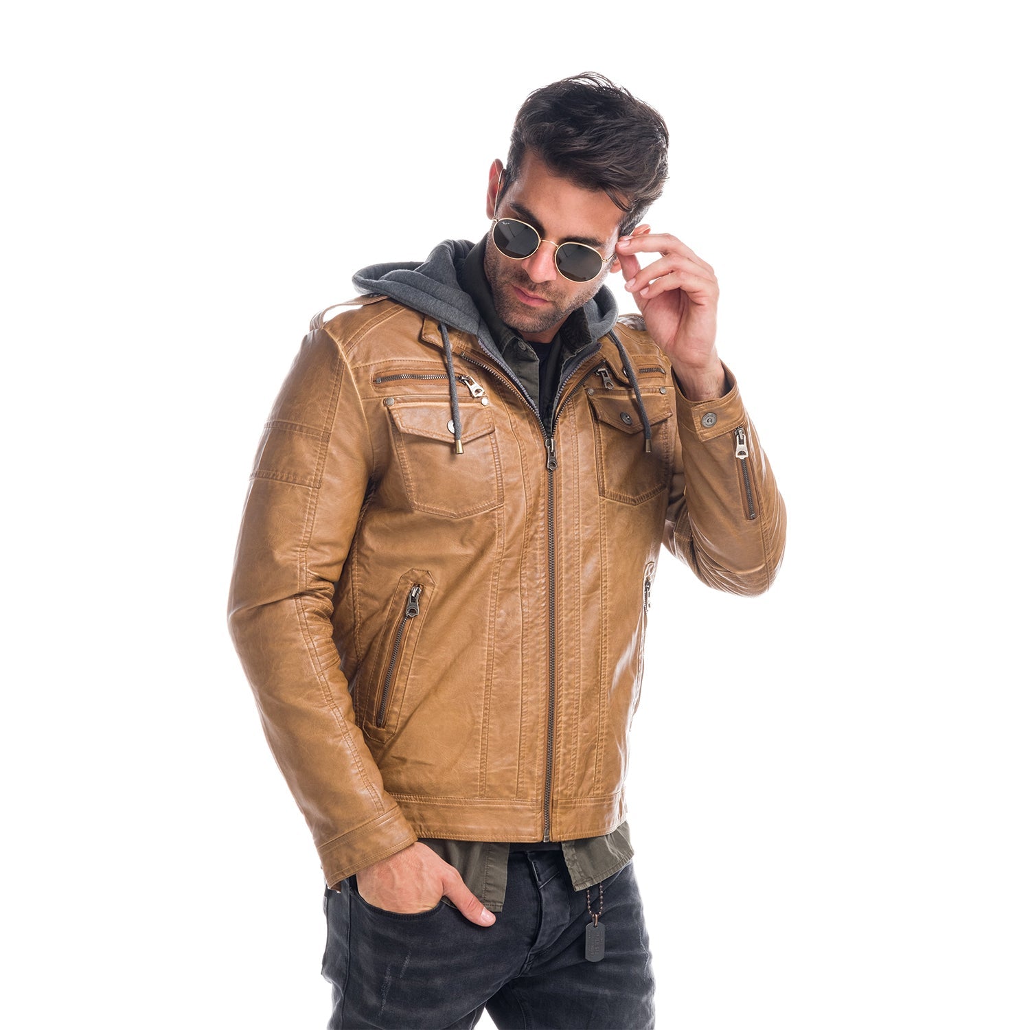Chaqueta Efecto Piel Hombre con Capucha Desmontable – Koroshi 1821JA05