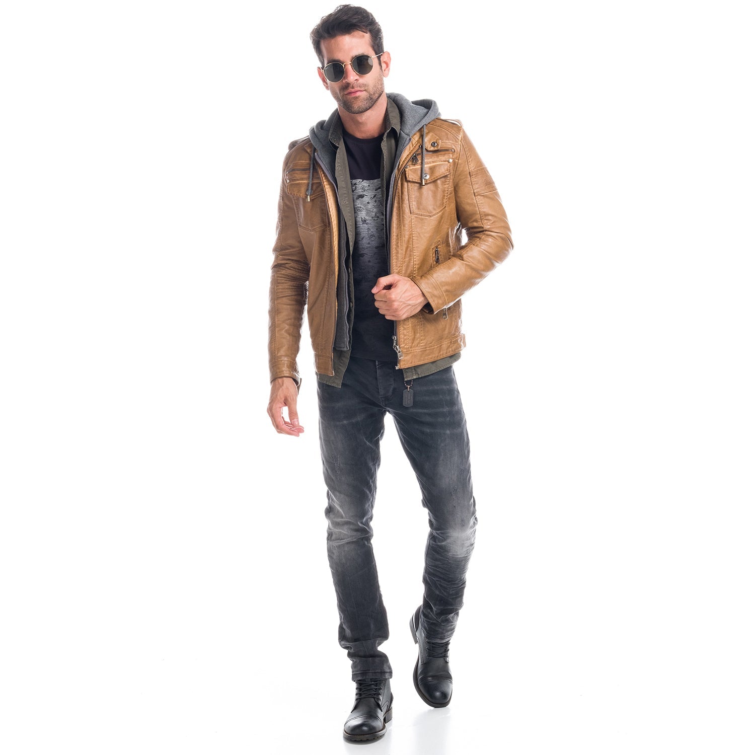 Chaqueta Efecto Piel Hombre con Capucha Desmontable – Koroshi 1821JA05