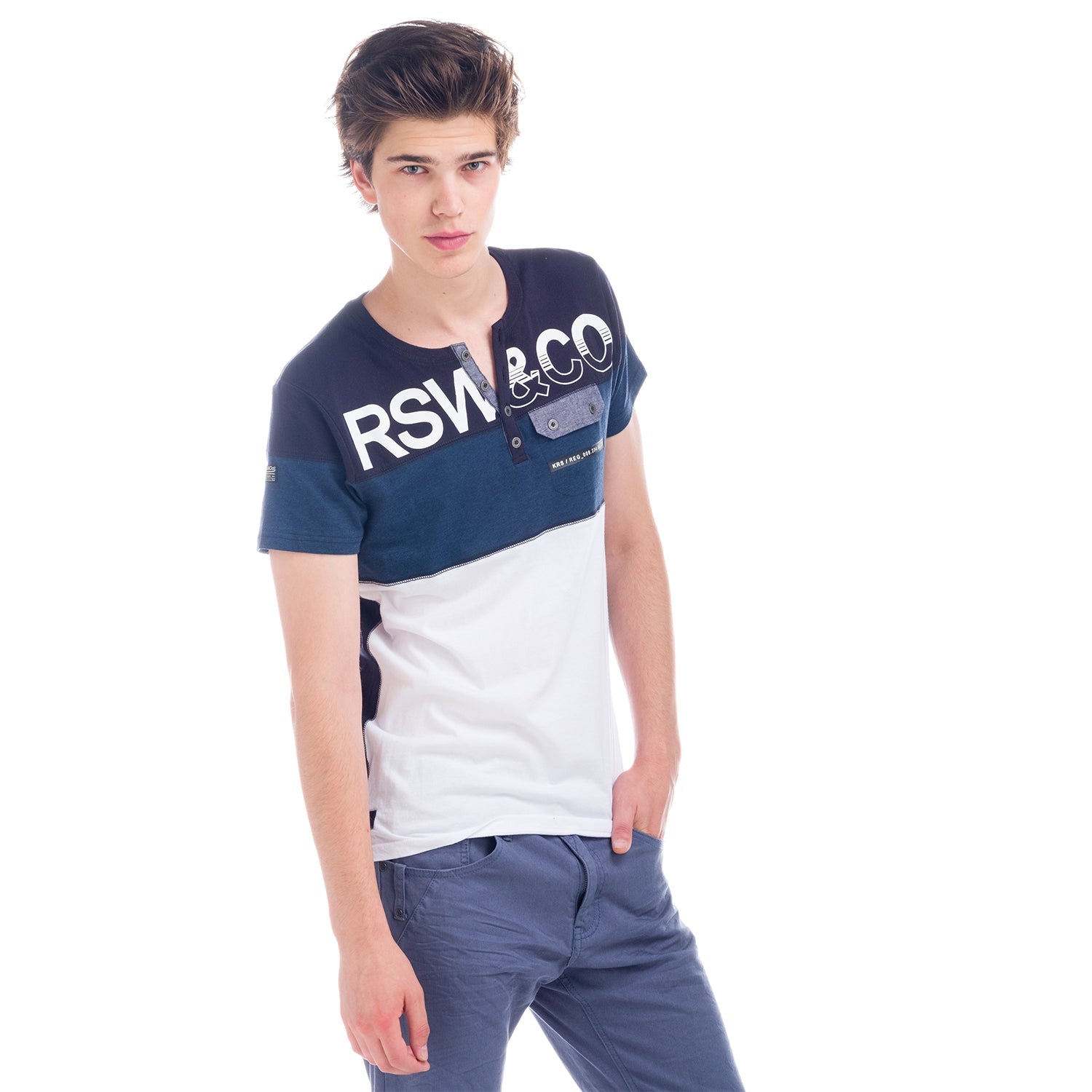 Camiseta Hombre Cuello Panadero Combinada con Bolsillo – Koroshi 1821MC10