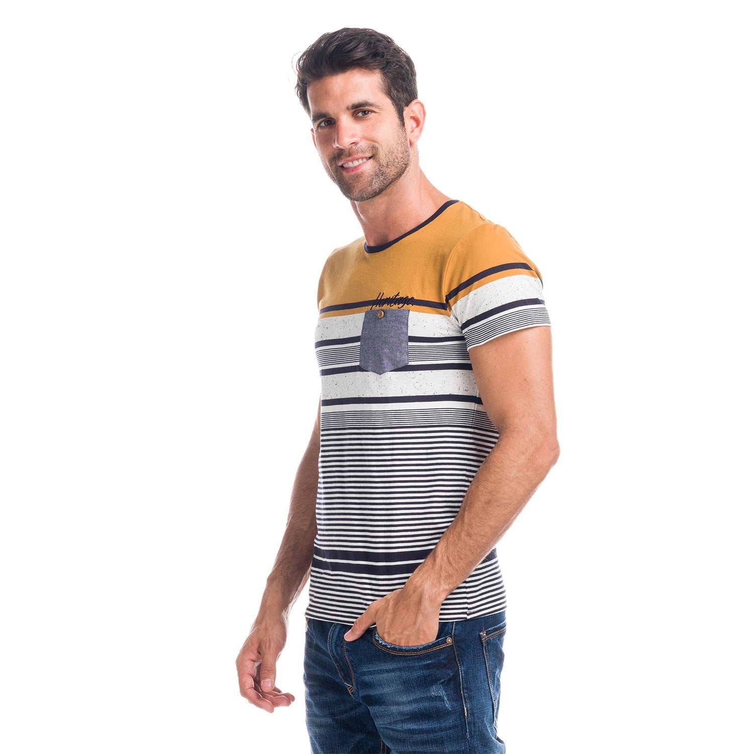 Camiseta Hombre de Rayas Combinada con Bolsillo – Koroshi 1821MC21