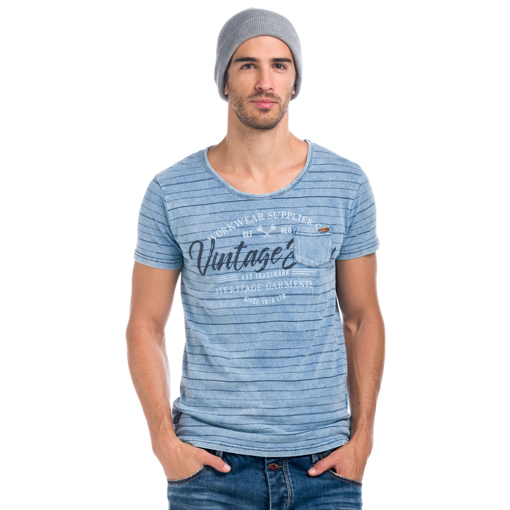 Camiseta Hombre de Rayas y Texto Estampado – Koroshi Azul Índigo