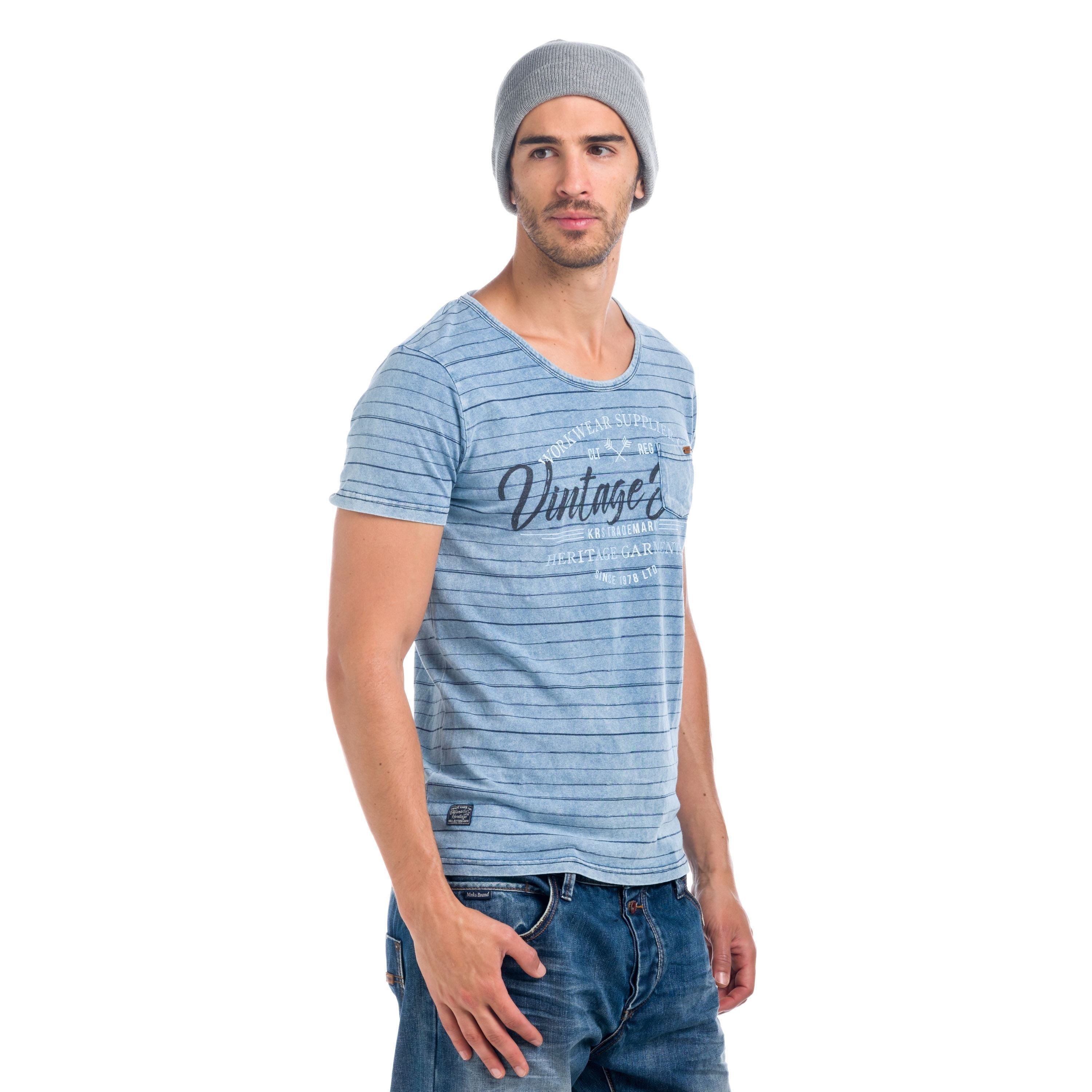Camiseta Hombre de Rayas y Texto Estampado – Koroshi Azul Índigo