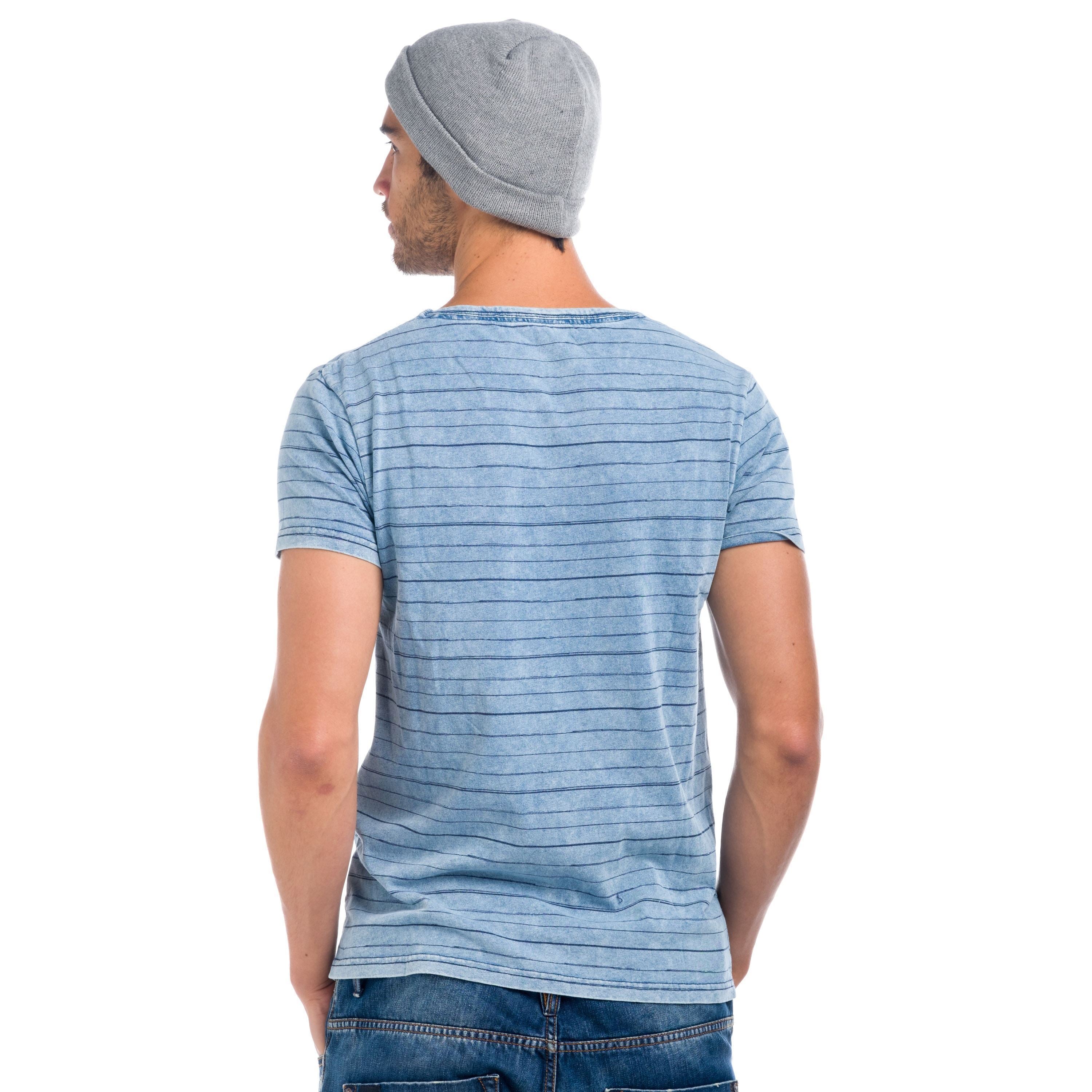Camiseta Hombre de Rayas y Texto Estampado – Koroshi Azul Índigo