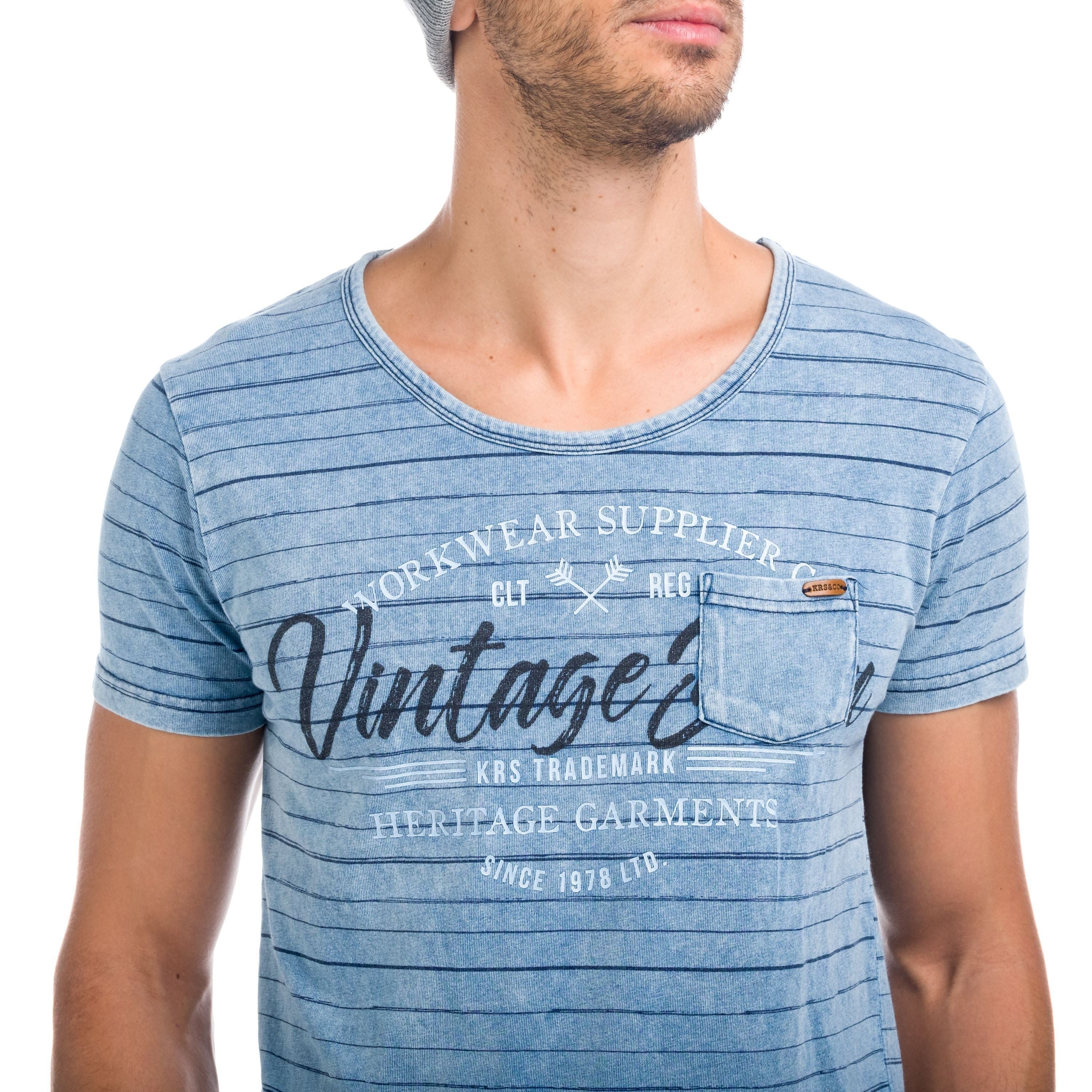 Camiseta Hombre de Rayas y Texto Estampado – Koroshi Azul Índigo
