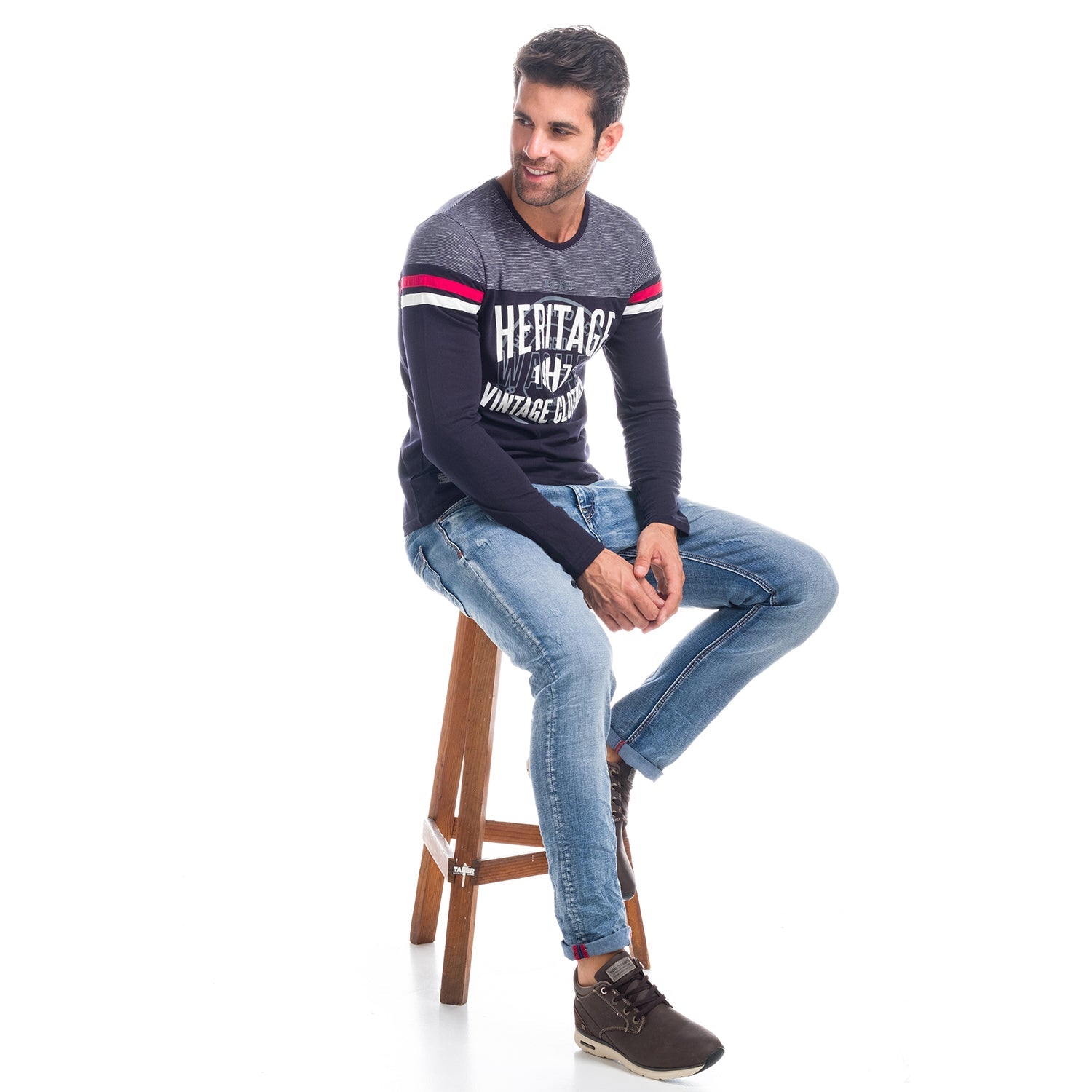 Camiseta Manga Larga Hombre Combinada a Rayas – Koroshi 1821ML03