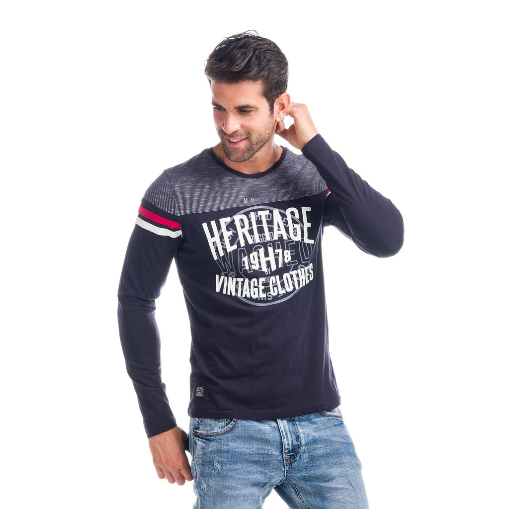 Camiseta Manga Larga Hombre Combinada a Rayas – Koroshi 1821ML03