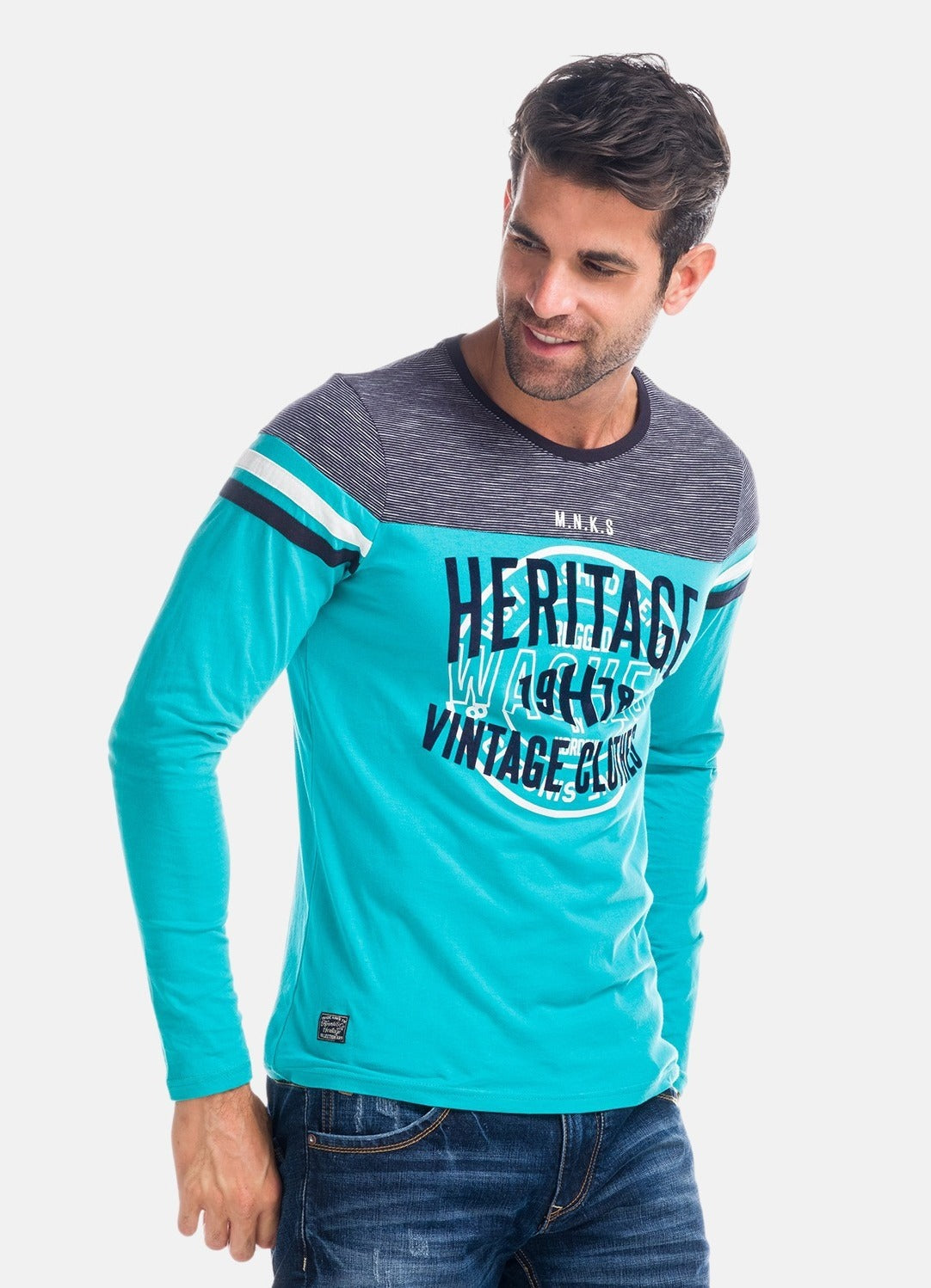 Camiseta Manga Larga Hombre Combinada a Rayas – Koroshi 1821ML03