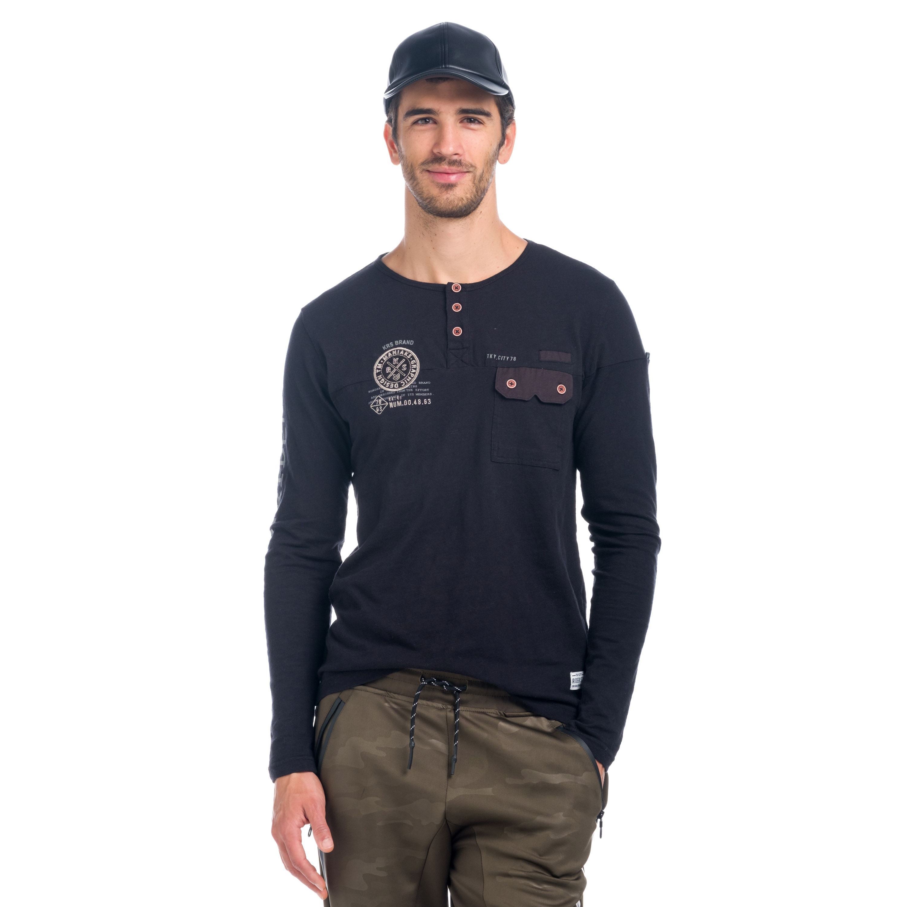 Camiseta Manga Larga Hombre Efecto Lavado Bolsillo y Escudo – Koroshi 1821ML14