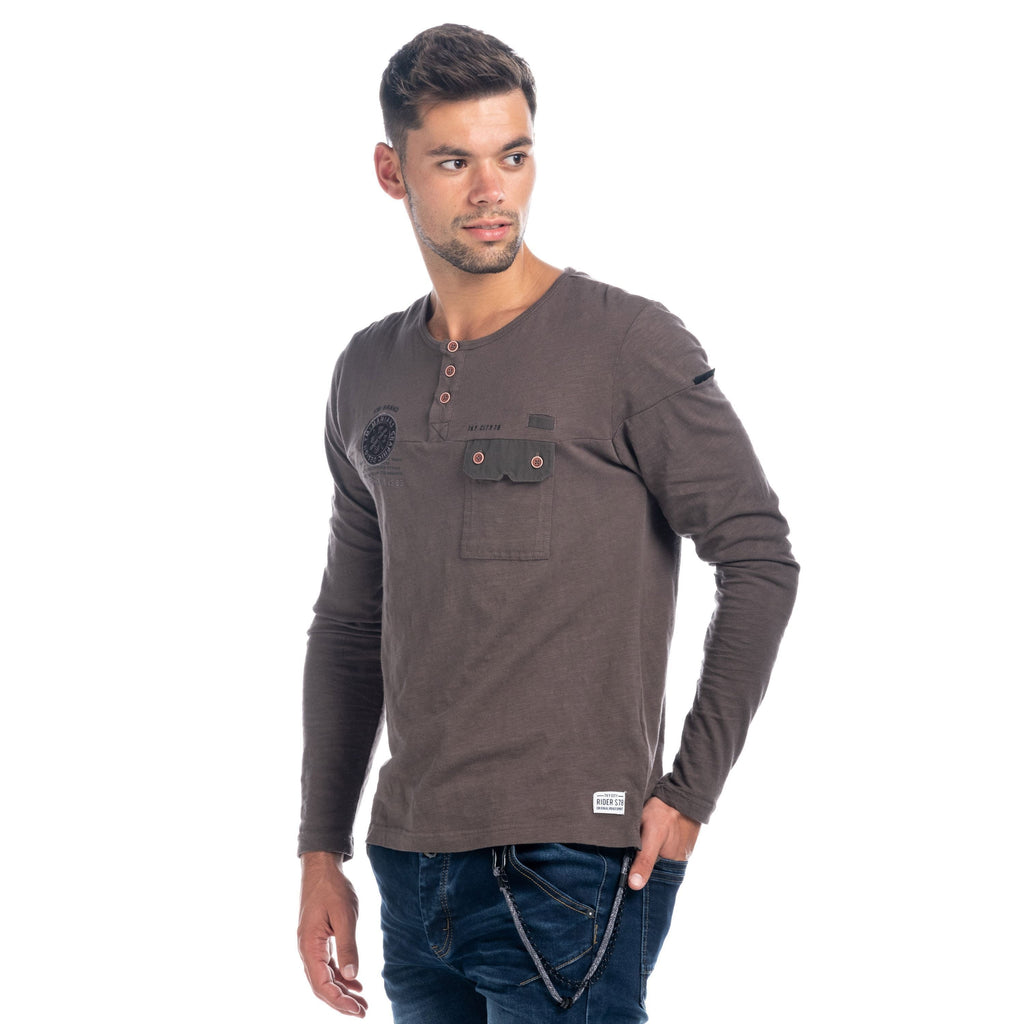 Camiseta Manga Larga Hombre Efecto Lavado Bolsillo y Escudo – Koroshi 1821ML14