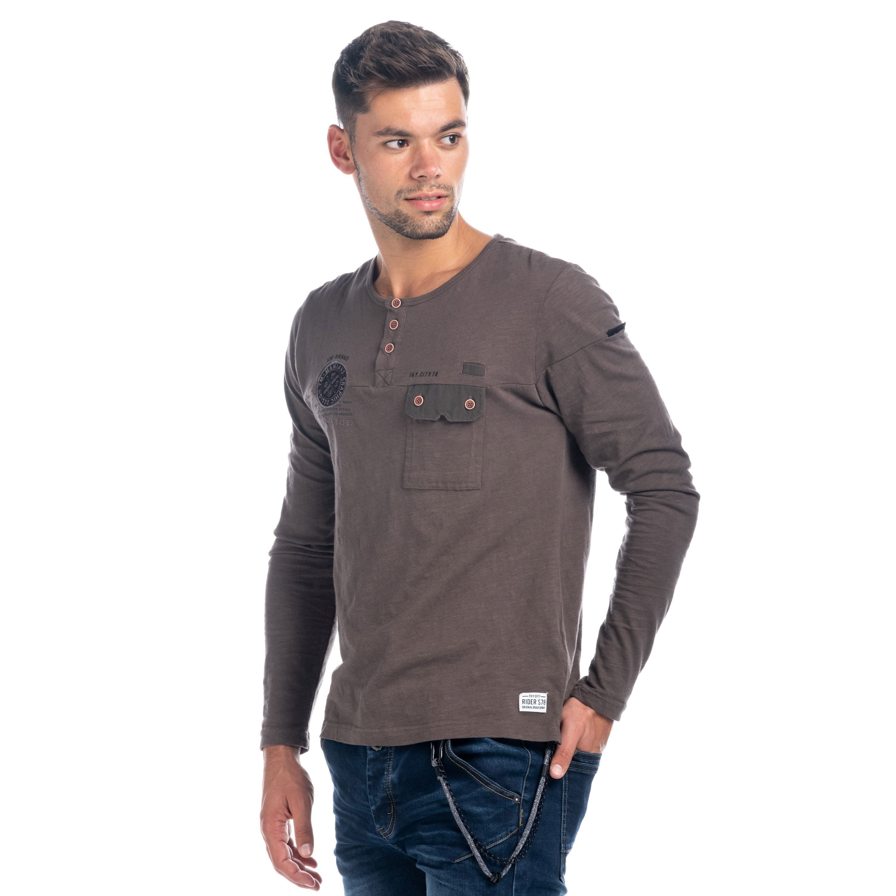 Camiseta Manga Larga Hombre Efecto Lavado Bolsillo y Escudo – Koroshi 1821ML14