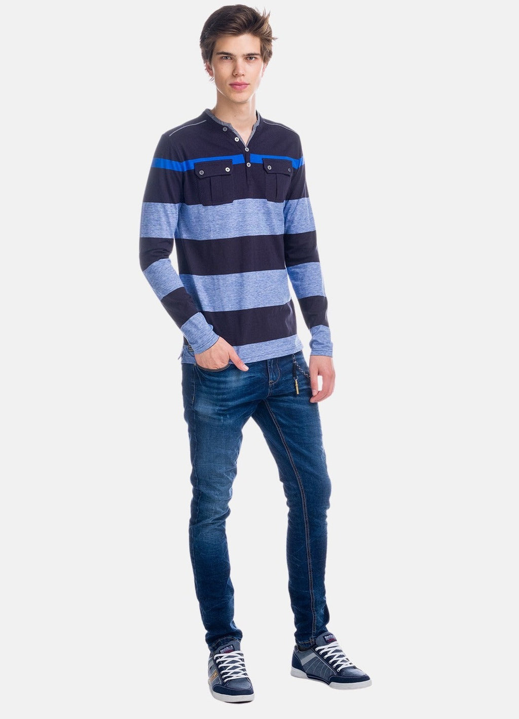 Camiseta Manga Larga Hombre Rayas con Bolsillos – Koroshi 1821ML15