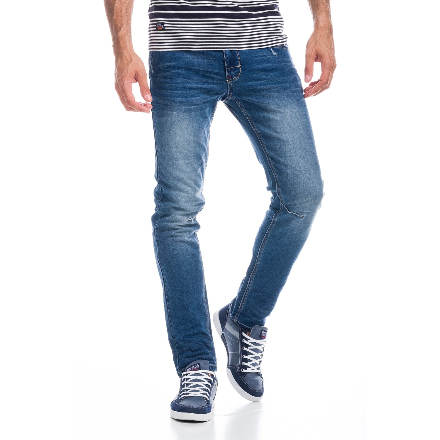 Pantalón Vaquero Slim Hombre Lavado Desgastado – Koroshi Azul Medio