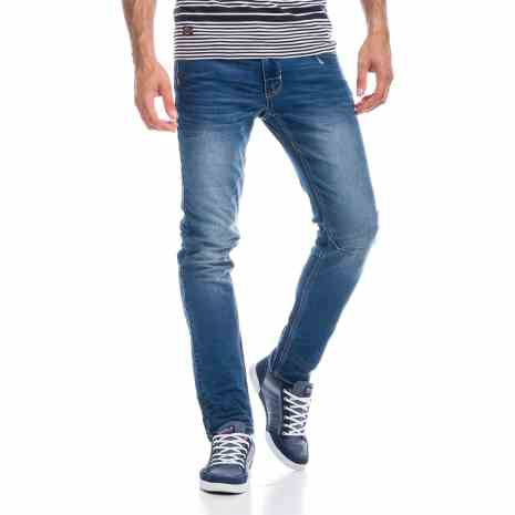 Pantalón Vaquero Slim Hombre Lavado Desgastado – Koroshi Azul Medio