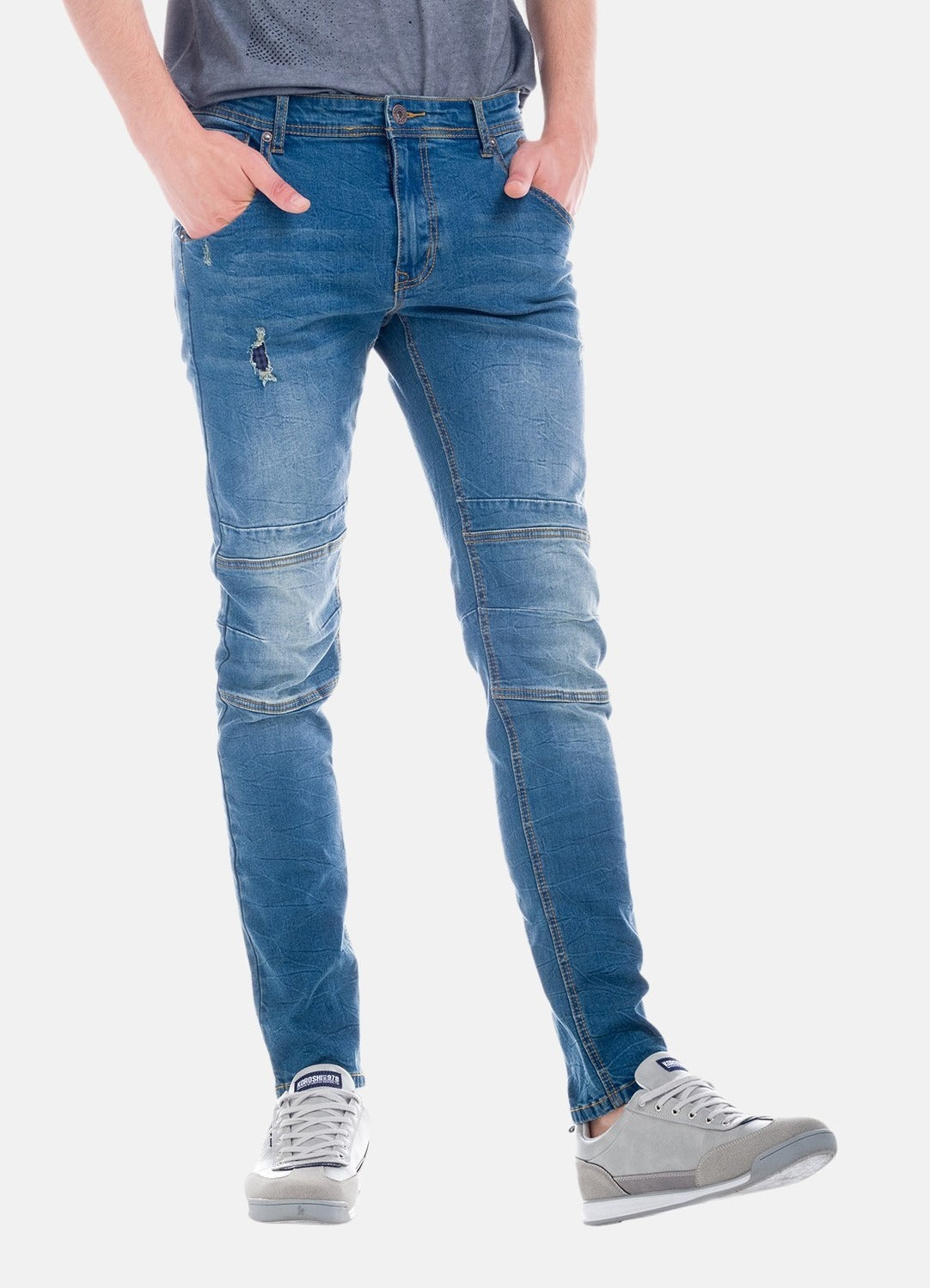 Pantalón Vaquero Slim Hombre Costuras en Rodilla – Koroshi Azul Claro