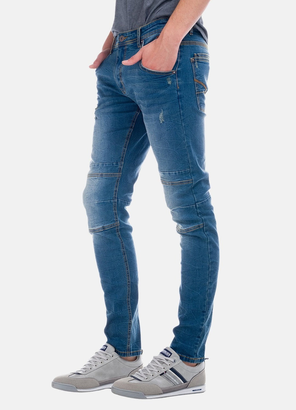 Pantalón Vaquero Slim Hombre Costuras en Rodilla – Koroshi Azul Claro