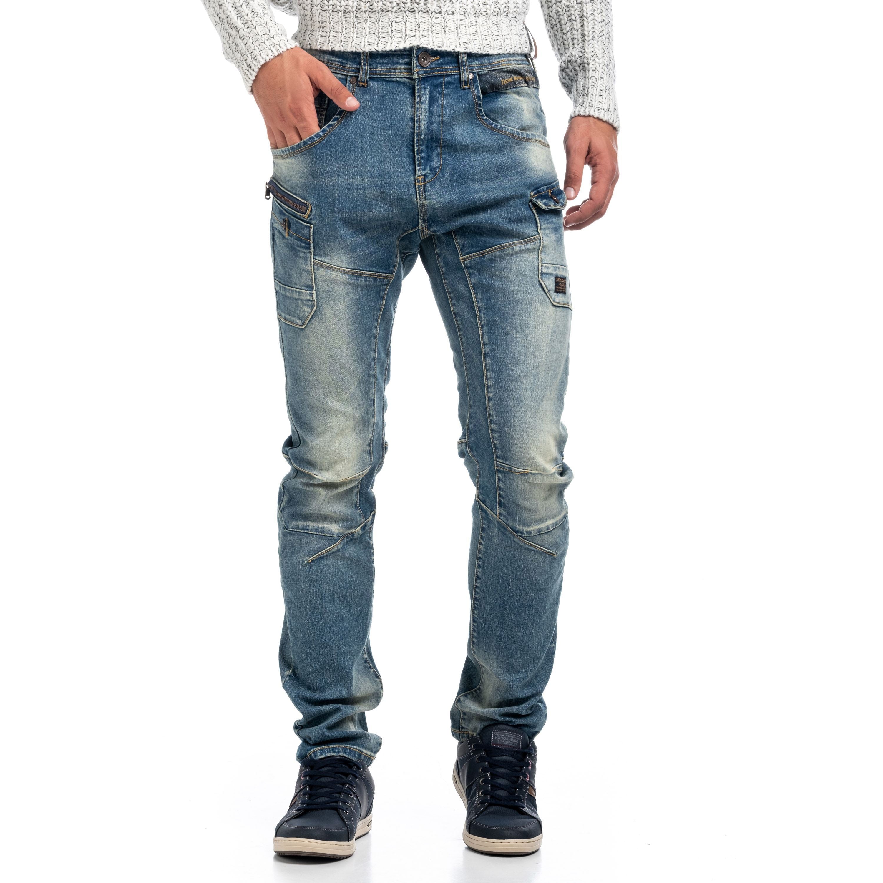 Vaqueros Slim Cargo Hombre con Bolsillos de Cremallera – Koroshi Azul Medio