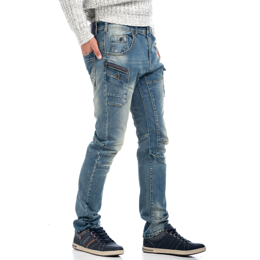 Vaqueros Slim Cargo Hombre con Bolsillos de Cremallera – Koroshi Azul Medio