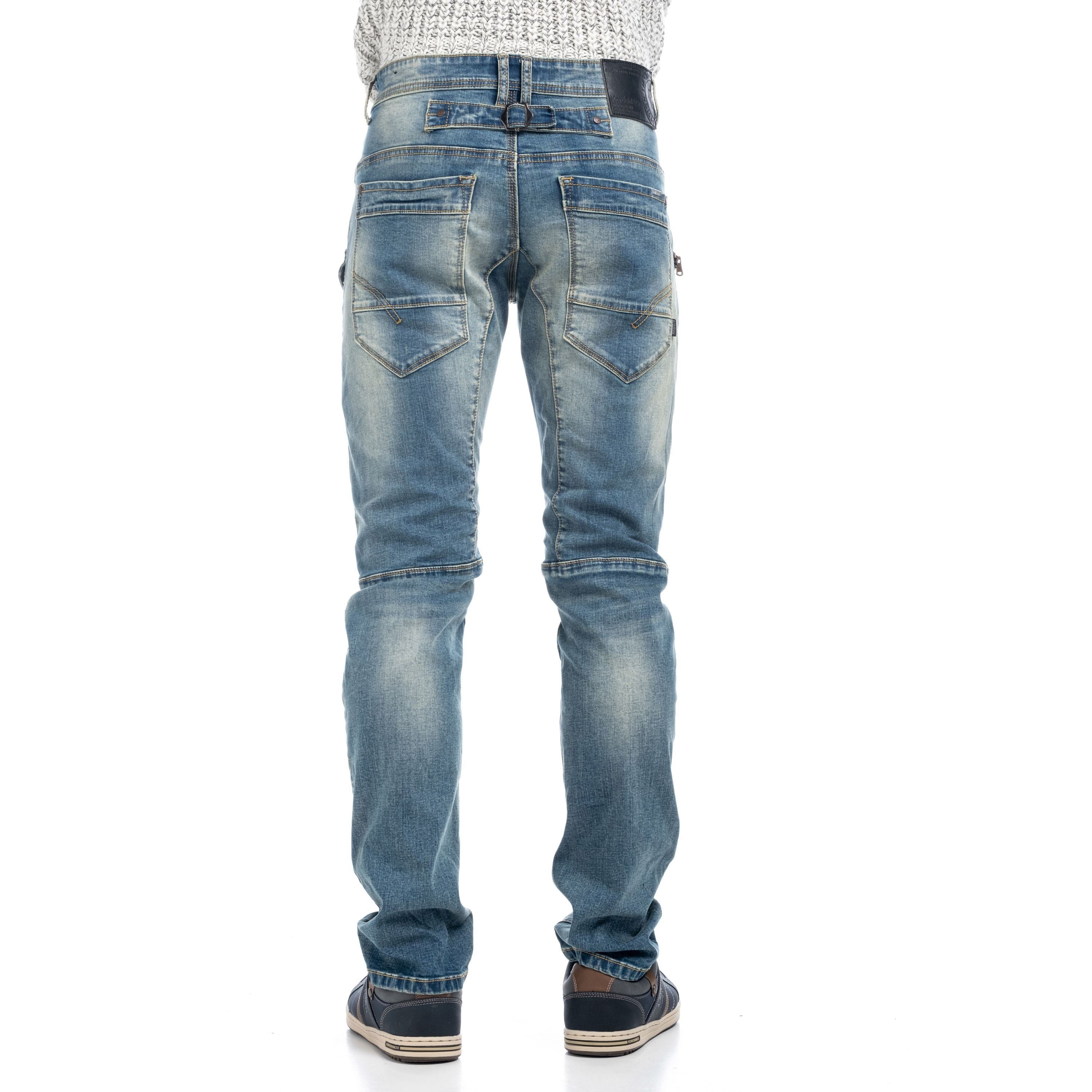 Vaqueros Slim Cargo Hombre con Bolsillos de Cremallera – Koroshi Azul Medio