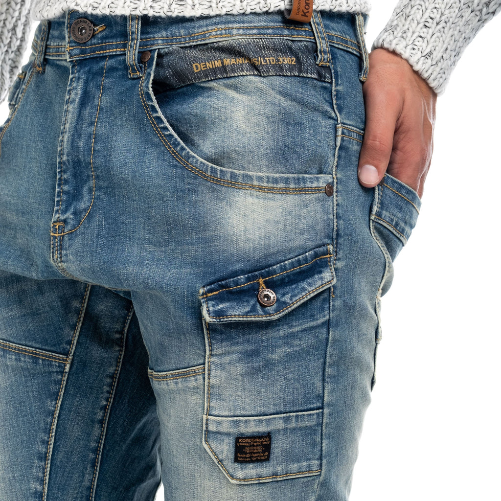 Vaqueros Slim Cargo Hombre con Bolsillos de Cremallera – Koroshi Azul Medio