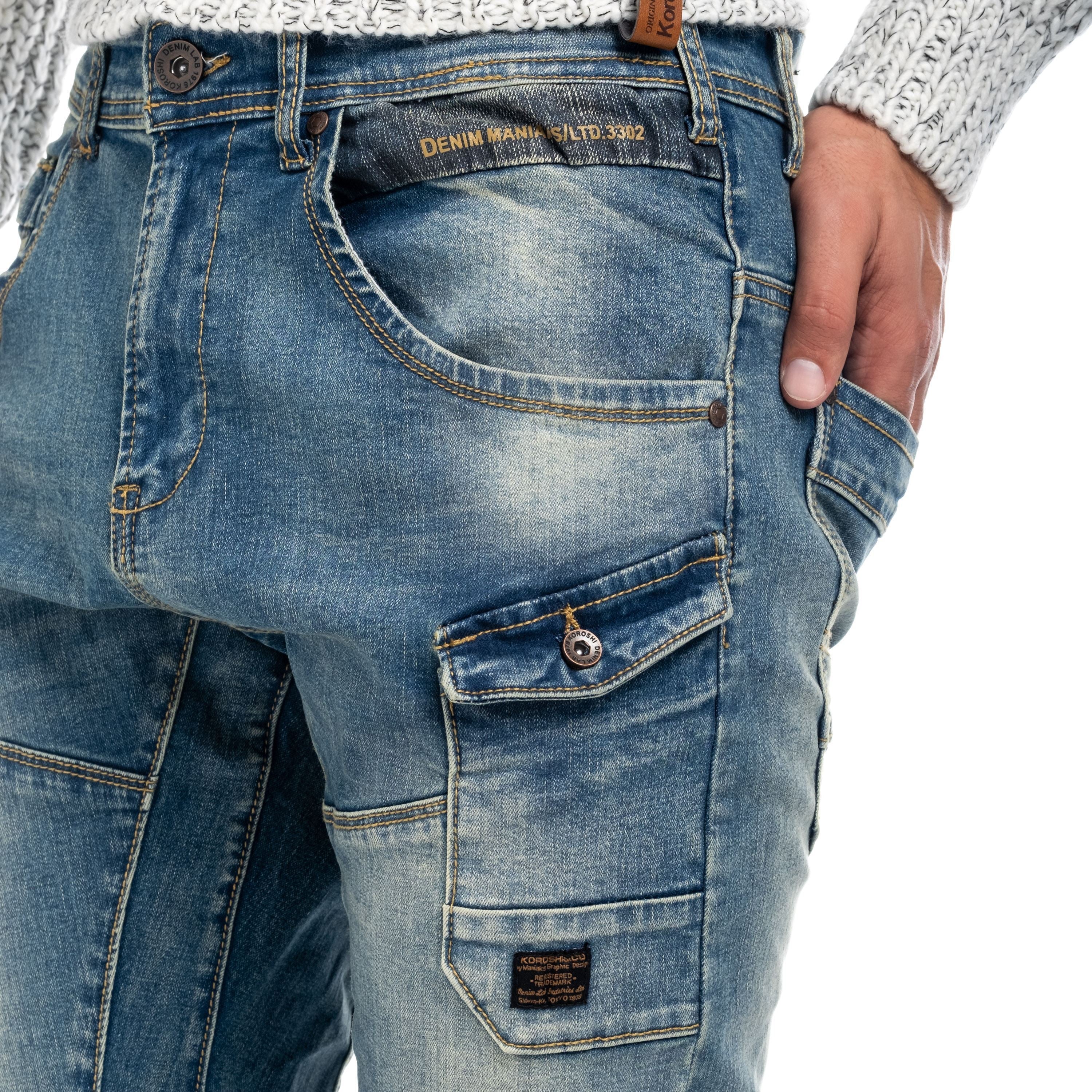 Vaqueros Slim Cargo Hombre con Bolsillos de Cremallera – Koroshi Azul Medio