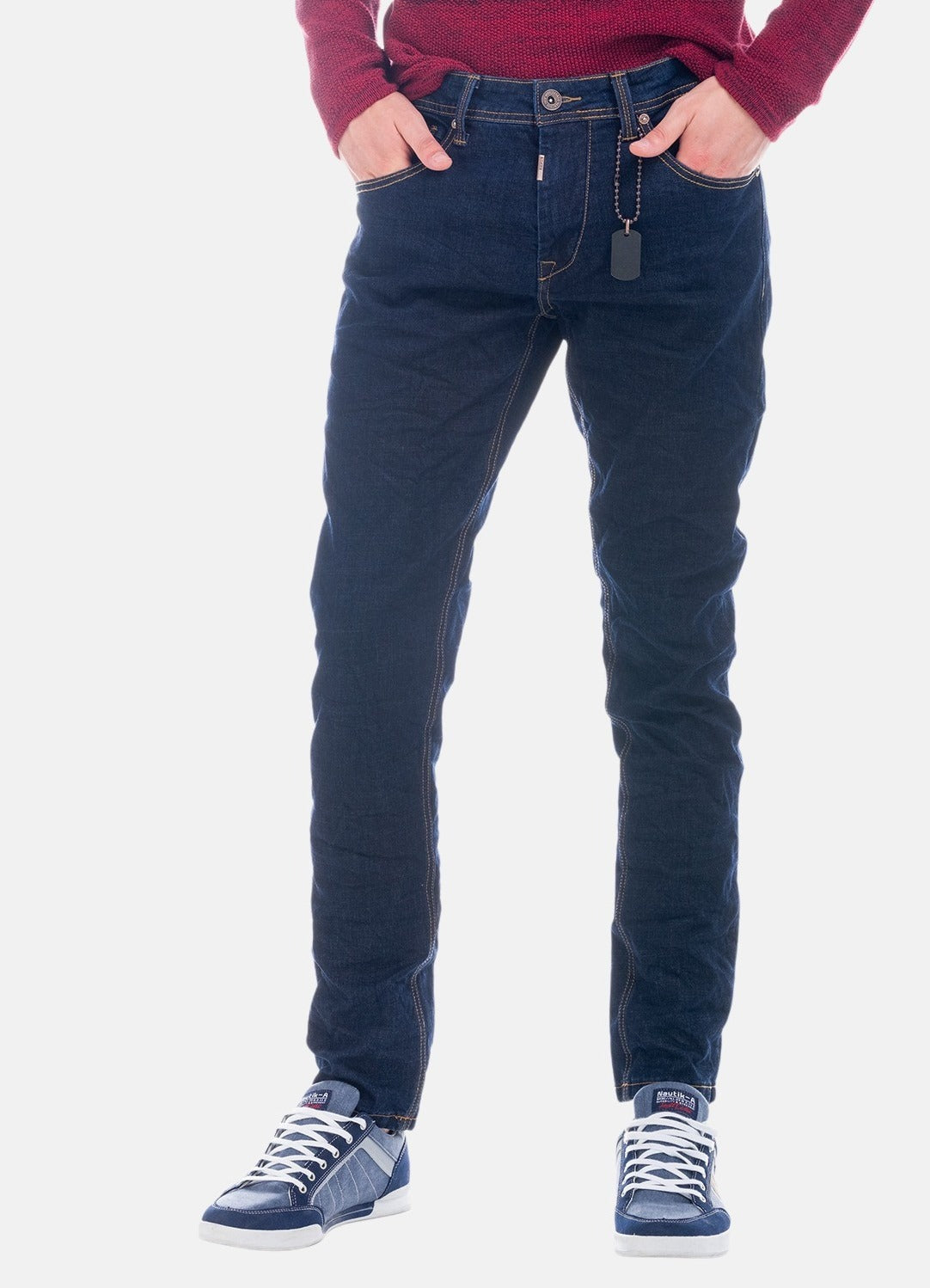 Pantalón Vaquero Hombre Regular con Costuras en Contraste – Koroshi Azul Oscuro