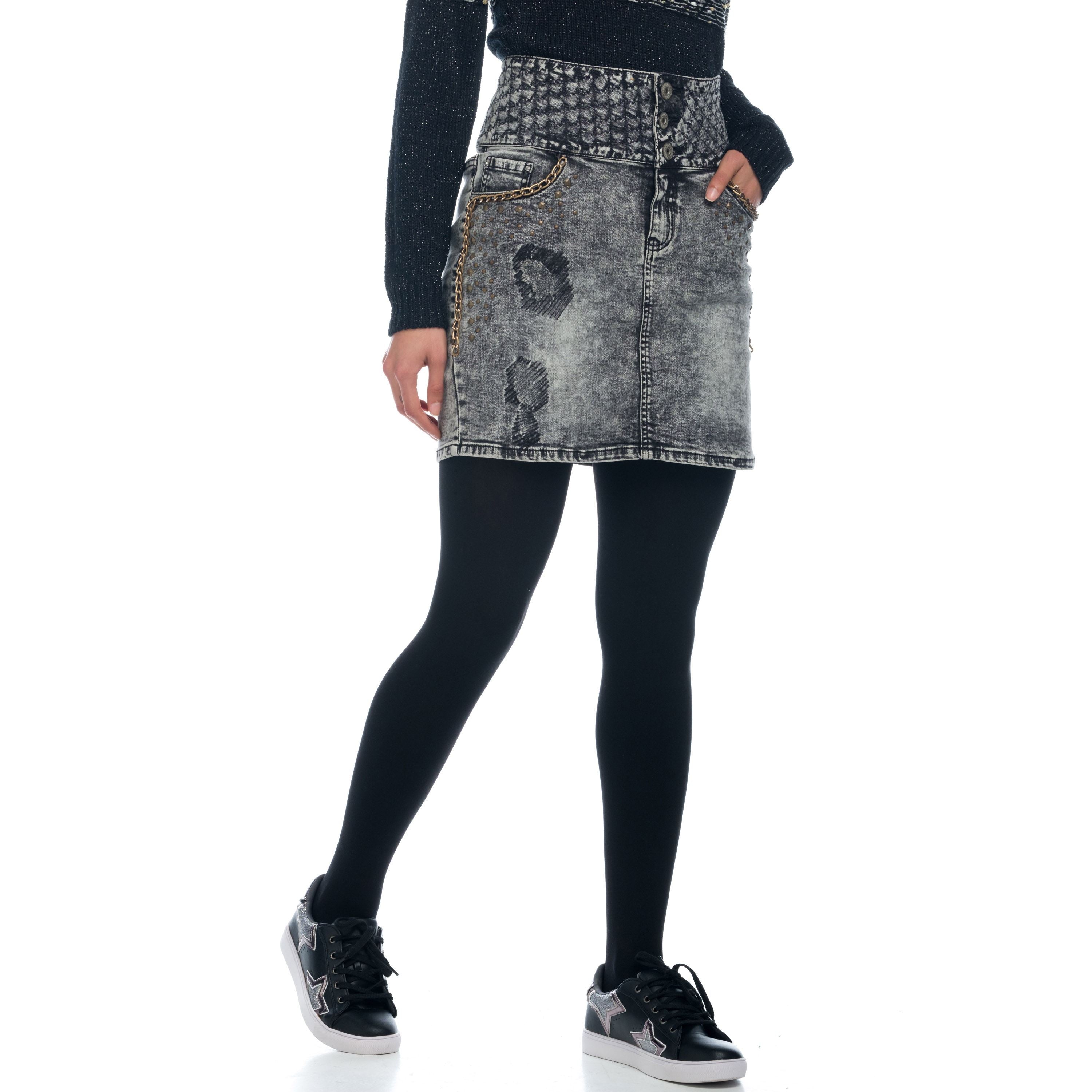 Falda Denim Tiro Alto con Cadenas Mujer – Koroshi Negro