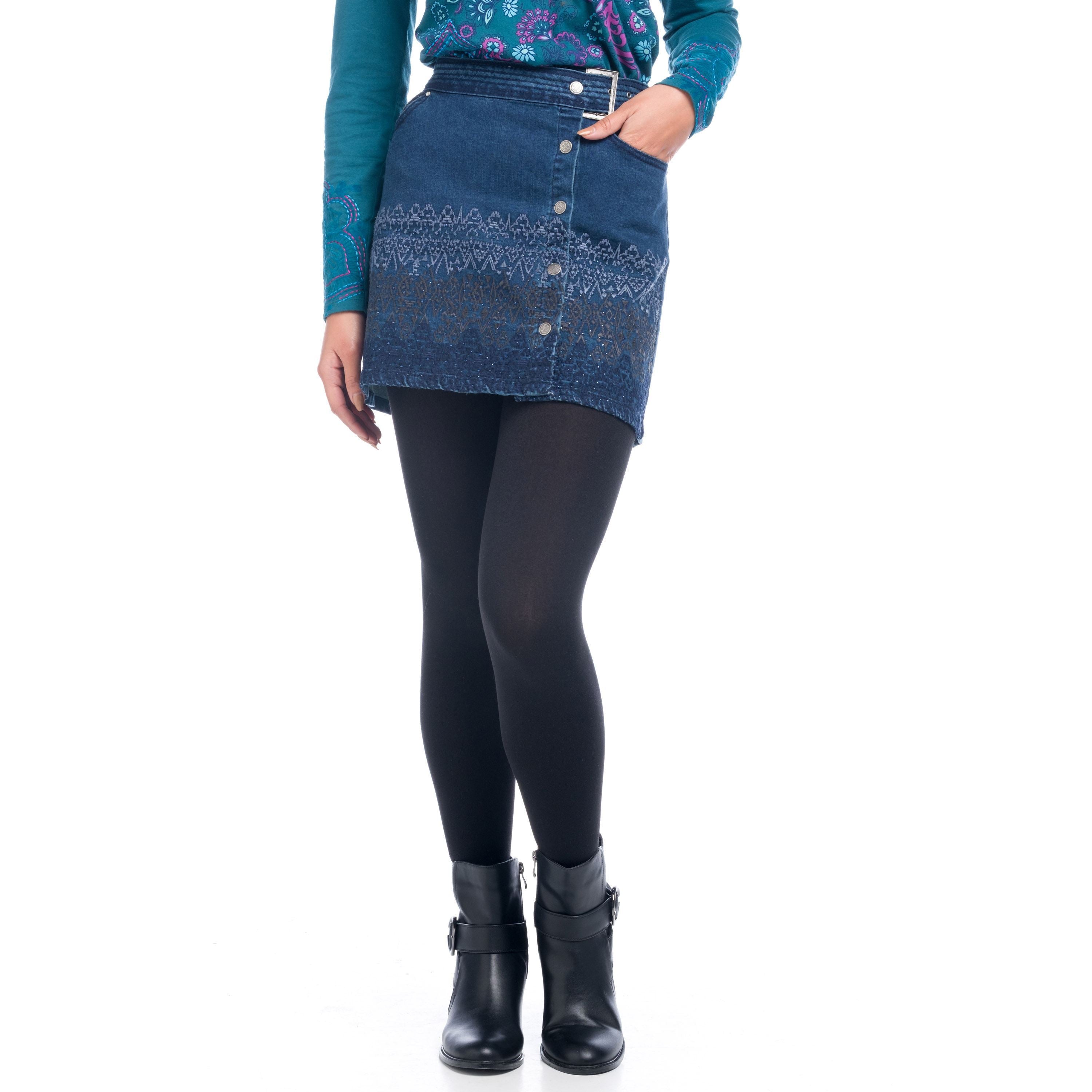 Falda Denim Corta con Botones Bordada Mujer – Koroshi Azul