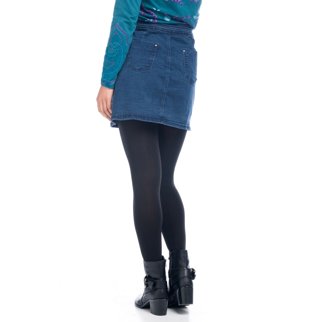 Falda Denim Corta con Botones Bordada Mujer – Koroshi Azul