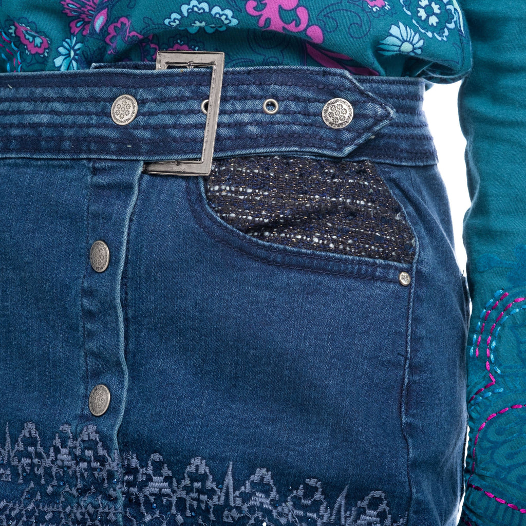 Falda Denim Corta con Botones Bordada Mujer – Koroshi Azul