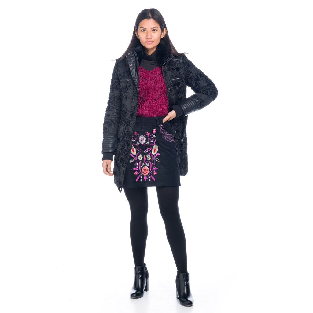 Falda Mini Evasé Bordado Floral Mujer – Koroshi Negro
