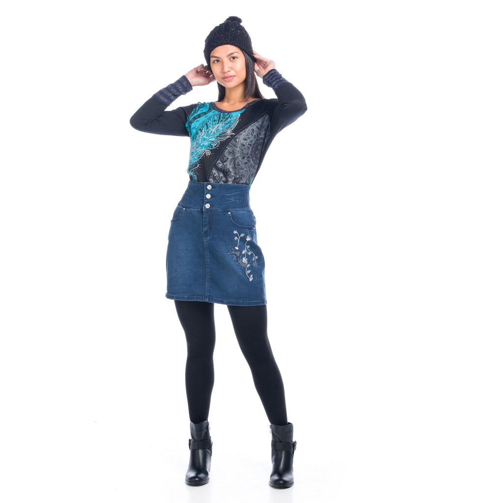 Falda Vaquera Mujer Cintura Alta Bordado Floral – Koroshi Azul Oscuro