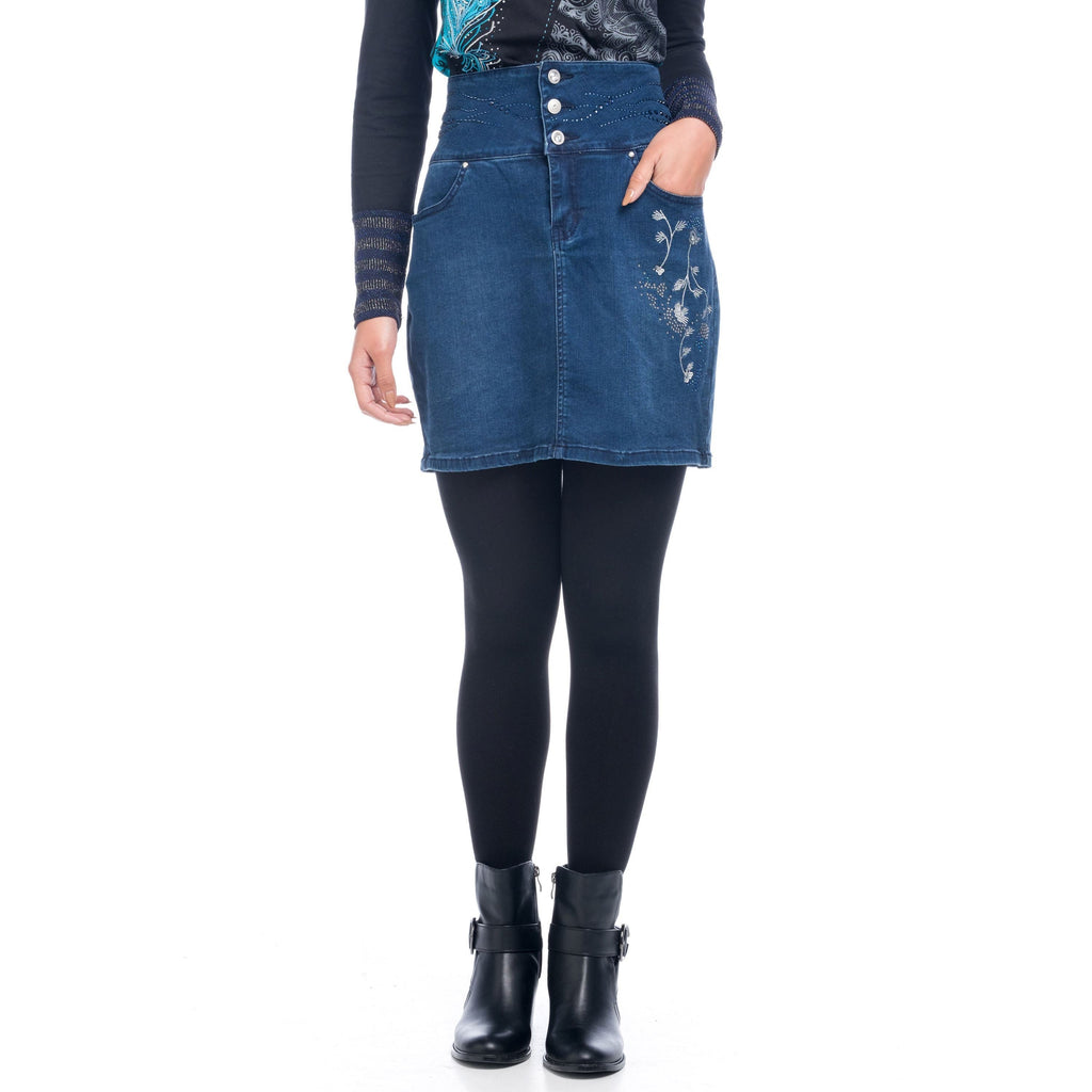 Falda Vaquera Mujer Cintura Alta Bordado Floral – Koroshi Azul Oscuro