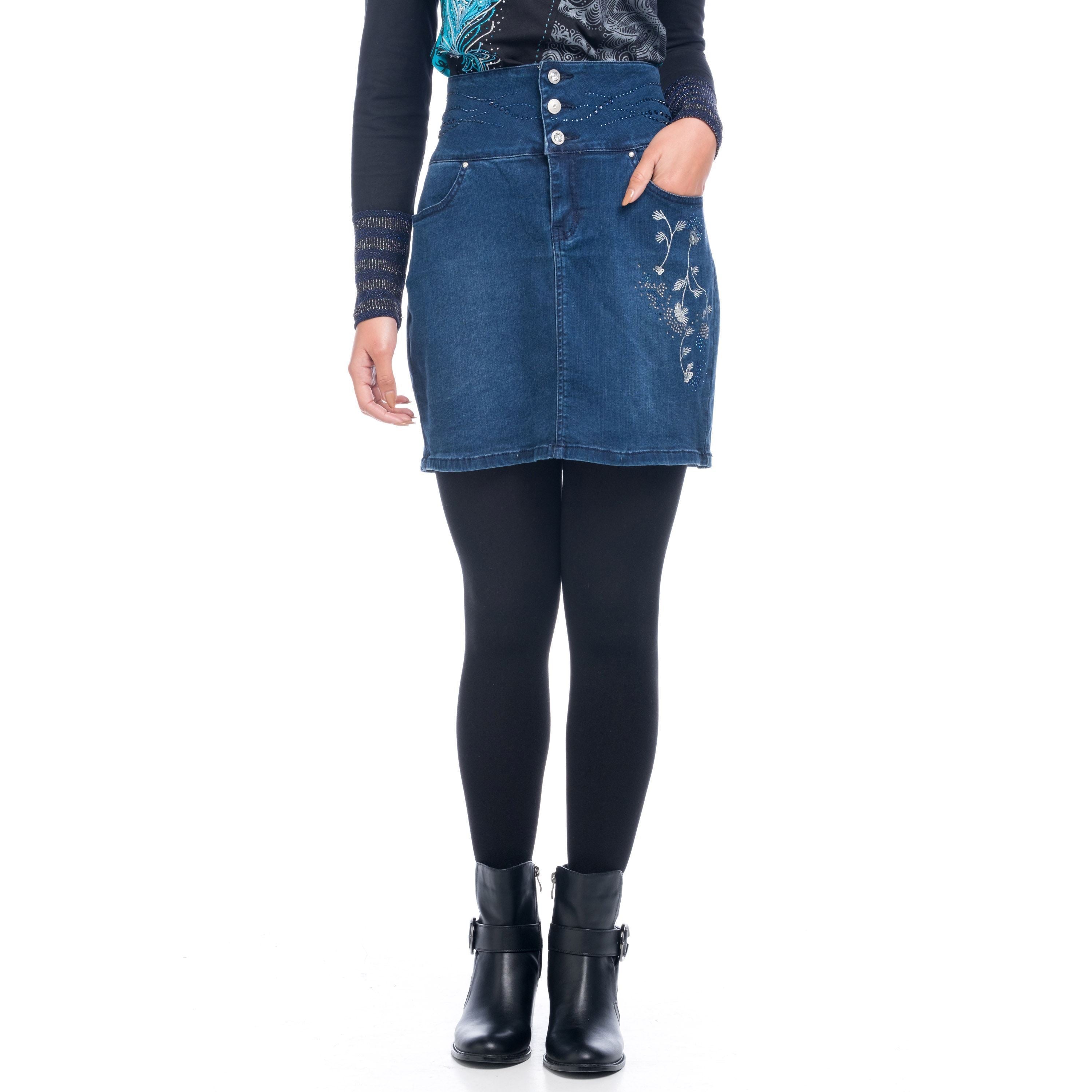 Falda Vaquera Mujer Cintura Alta Bordado Floral – Koroshi Azul Oscuro