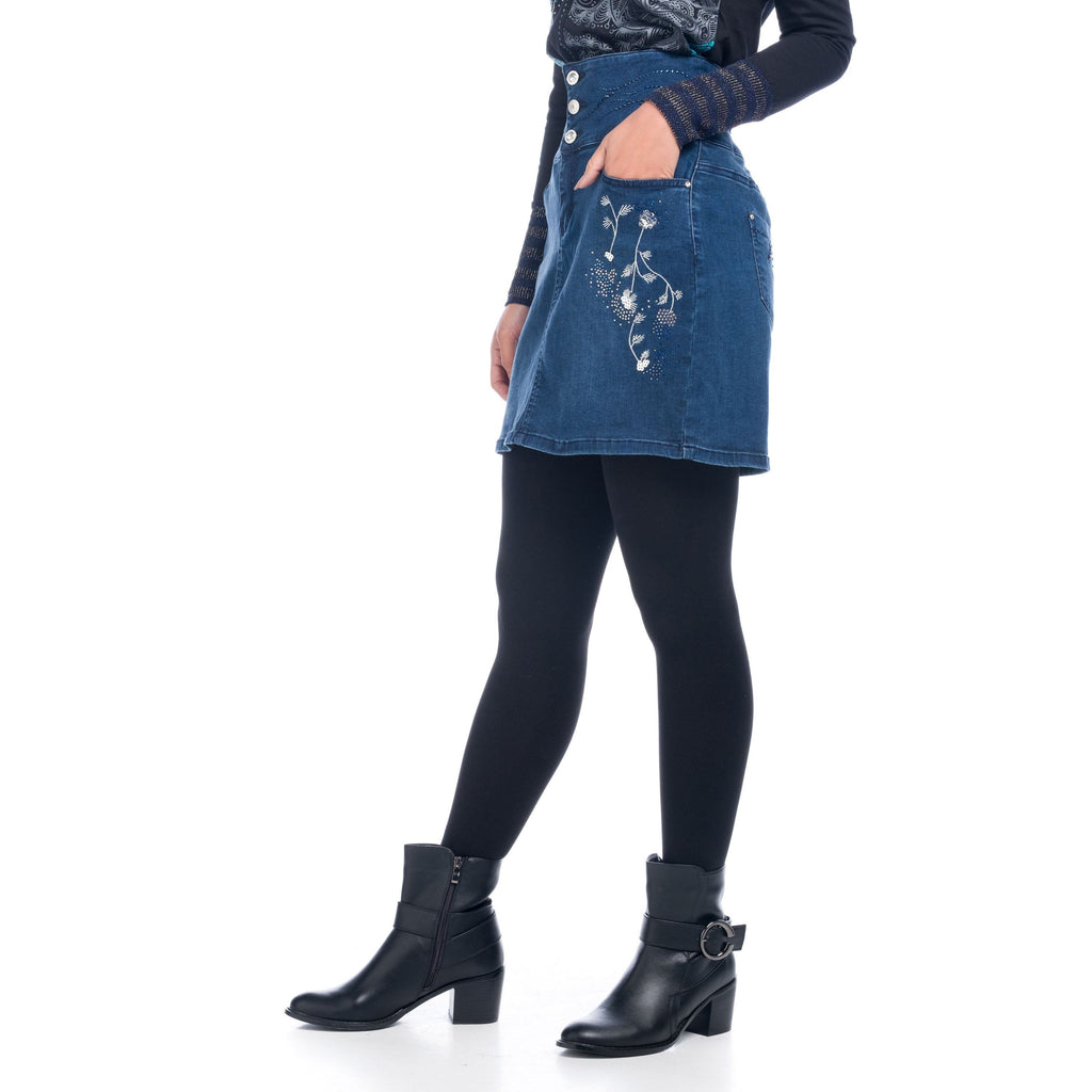 Falda Vaquera Mujer Cintura Alta Bordado Floral – Koroshi Azul Oscuro