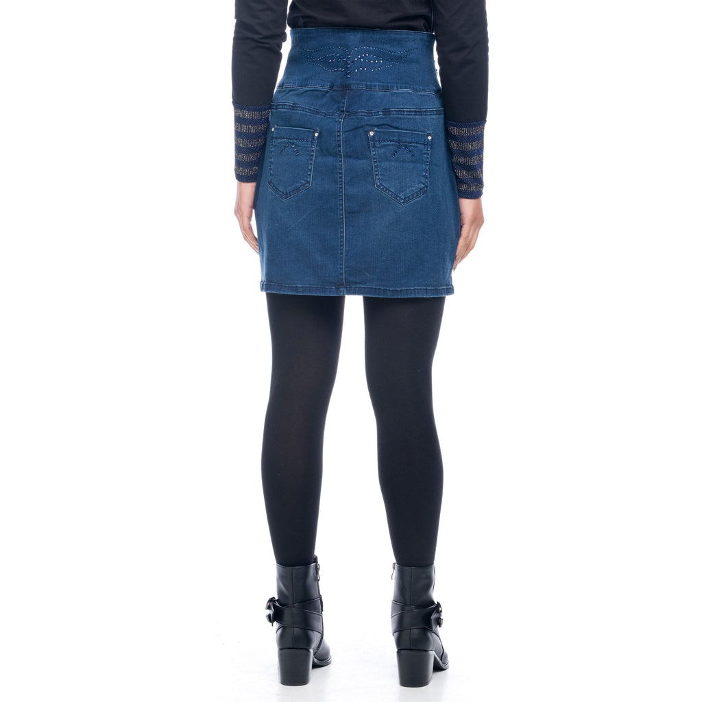 Falda Vaquera Mujer Cintura Alta Bordado Floral – Koroshi Azul Oscuro