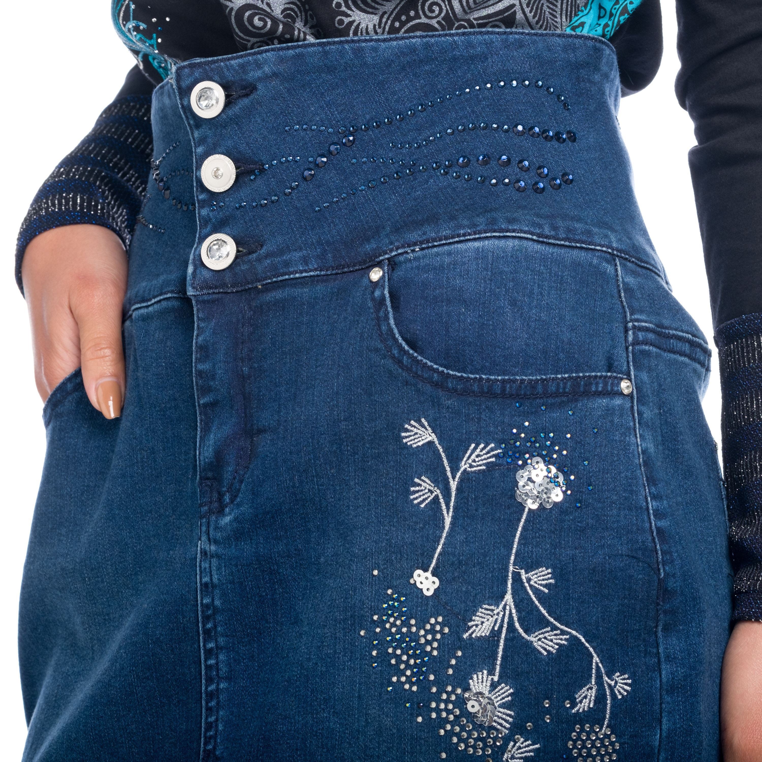 Falda Vaquera Mujer Cintura Alta Bordado Floral – Koroshi Azul Oscuro