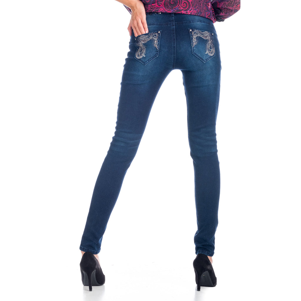 Pantalón Vaquero Mujer Regular Elástico con Pedrería – Koroshi Azul Oscuro