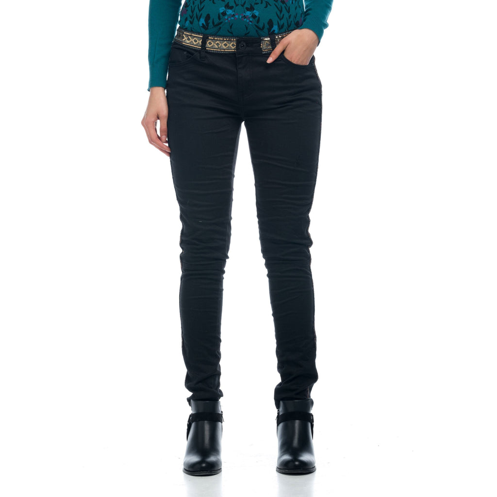 Pantalón Skinny Elástico Mujer Cinta Lateral Dorada – Koroshi Negro