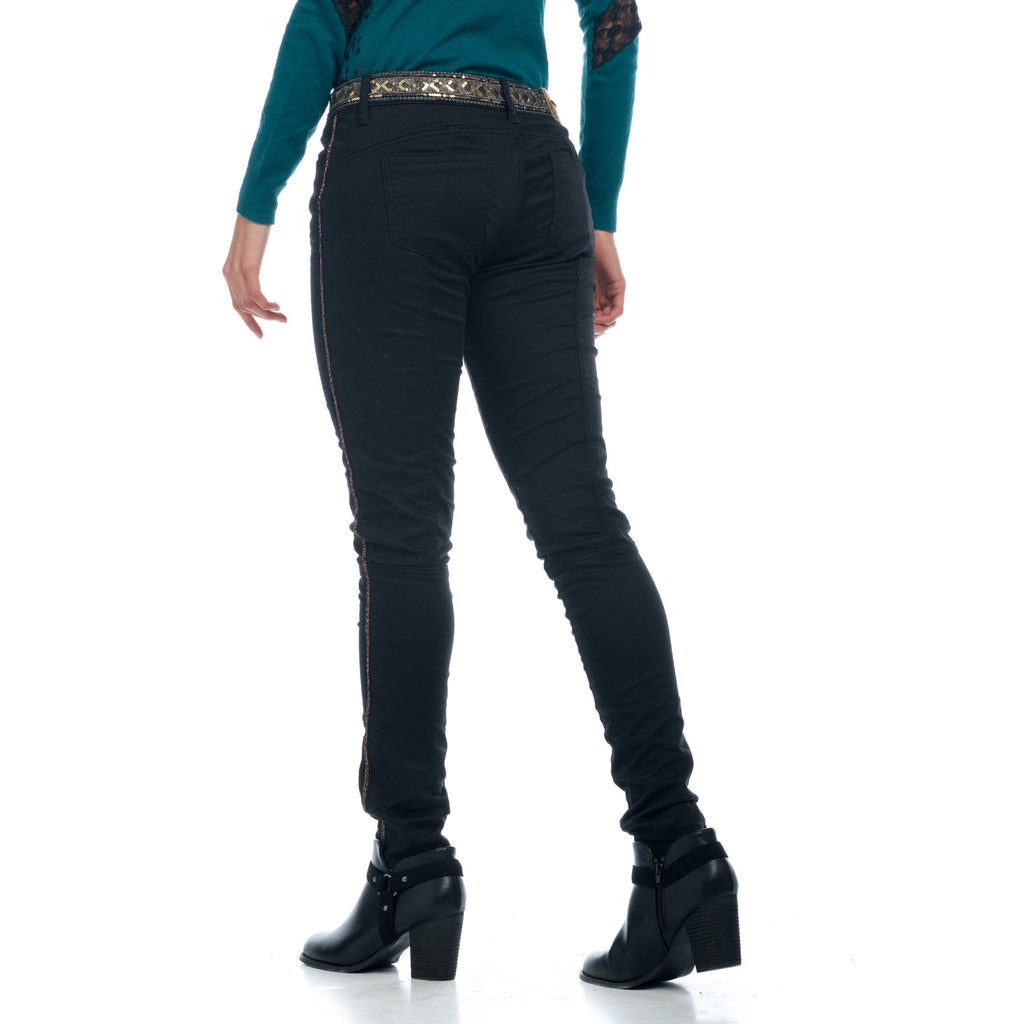 Pantalón Skinny Elástico Mujer Cinta Lateral Dorada – Koroshi Negro