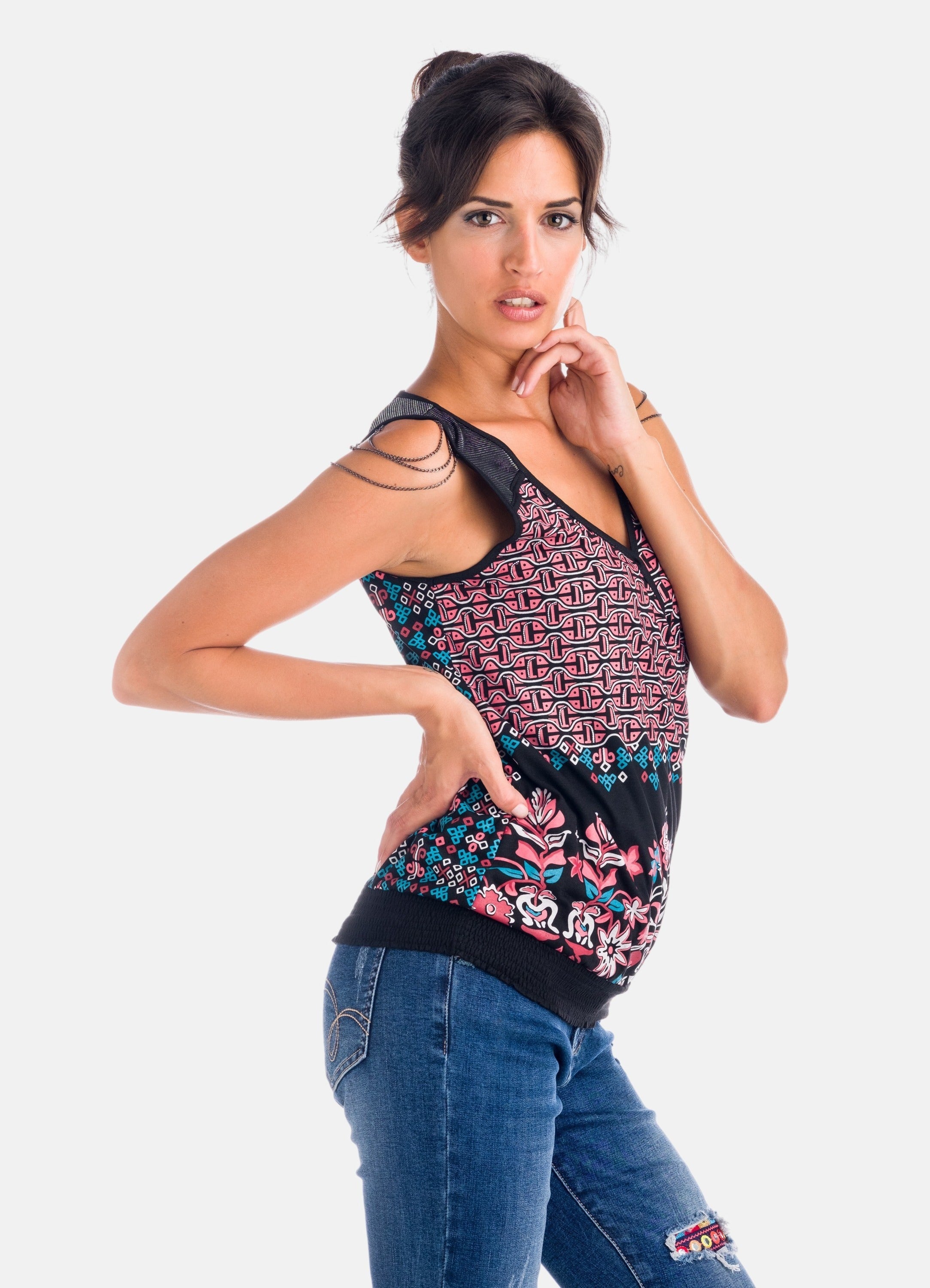 Top Estampado Mujer Sin Mangas con Cadenas en Hombros – Koroshi 1822TP03
