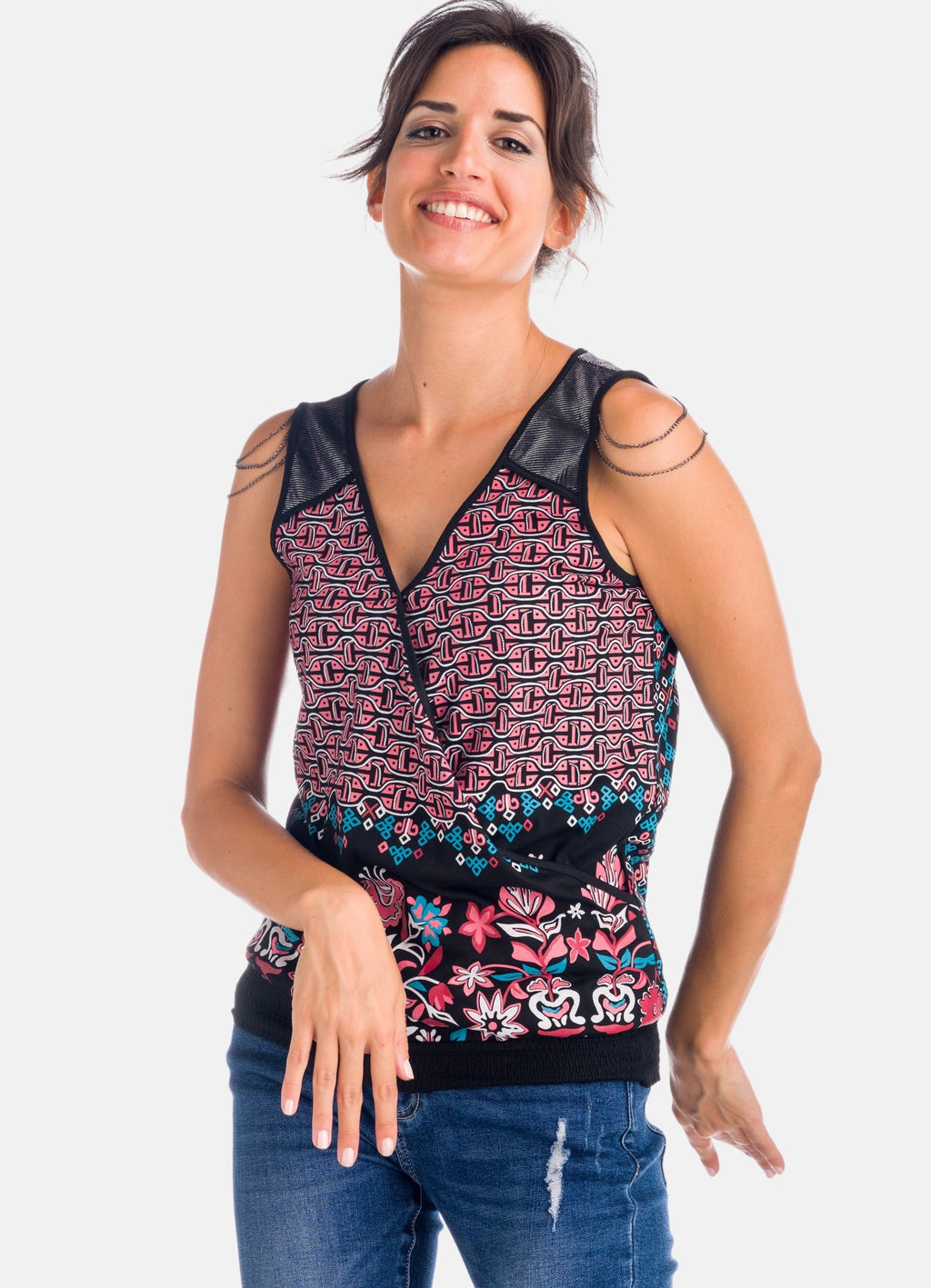 Top Estampado Mujer Sin Mangas con Cadenas en Hombros – Koroshi 1822TP03