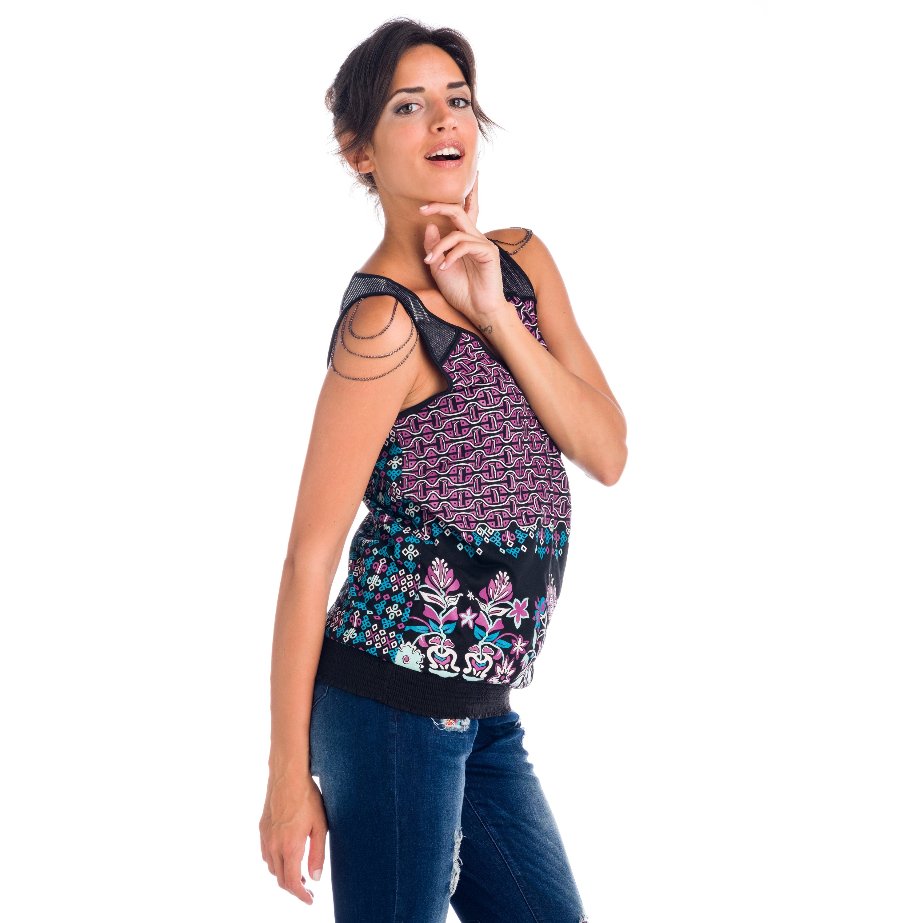 Top Estampado Mujer Sin Mangas con Cadenas en Hombros – Koroshi 1822TP03