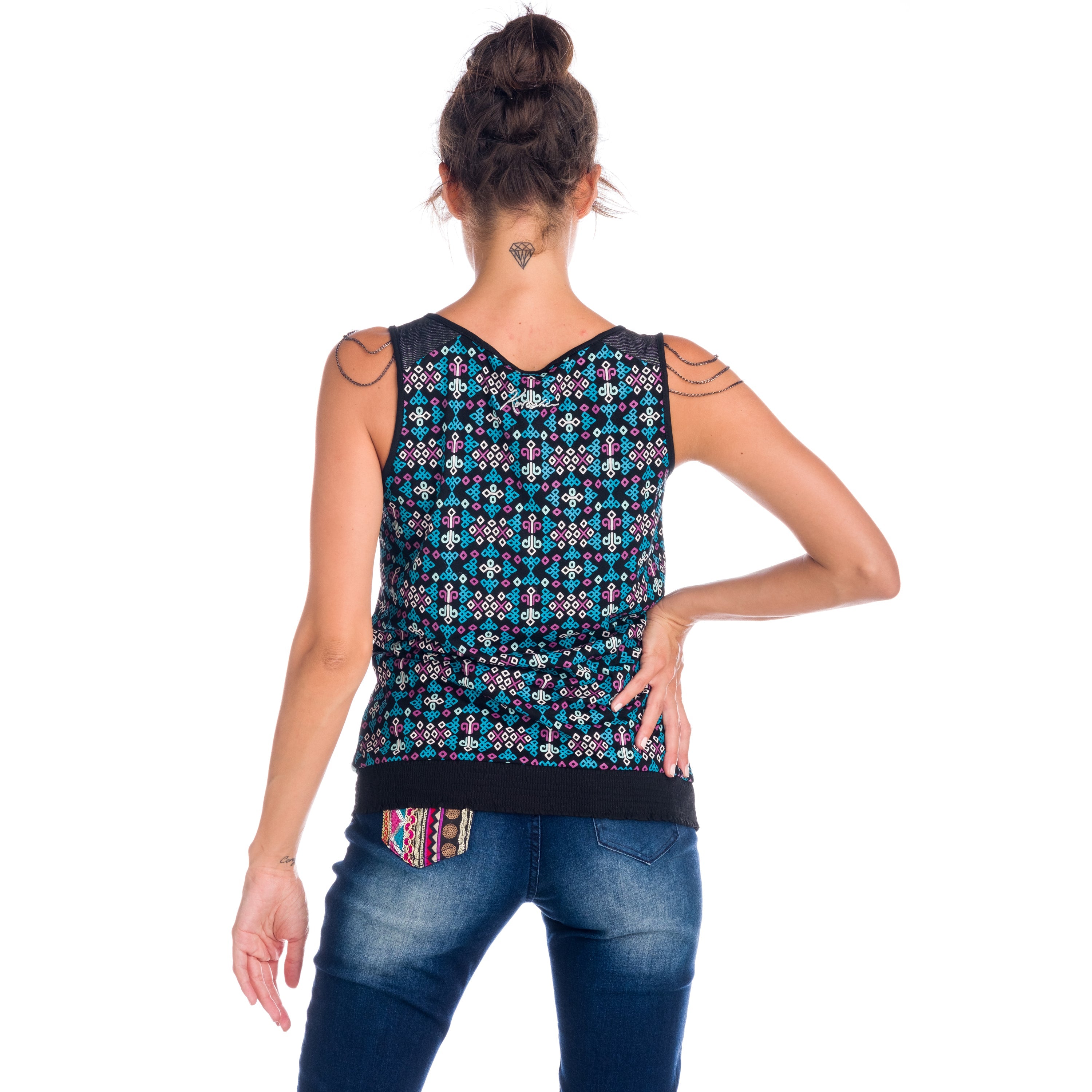 Top Estampado Mujer Sin Mangas con Cadenas en Hombros – Koroshi 1822TP03