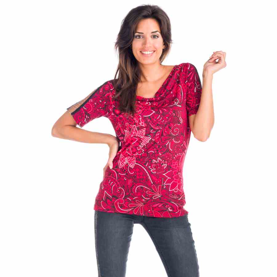 Top Estampado Mujer Cuello Drapeado con Cadenas en Mangas – Koroshi 1822TP14